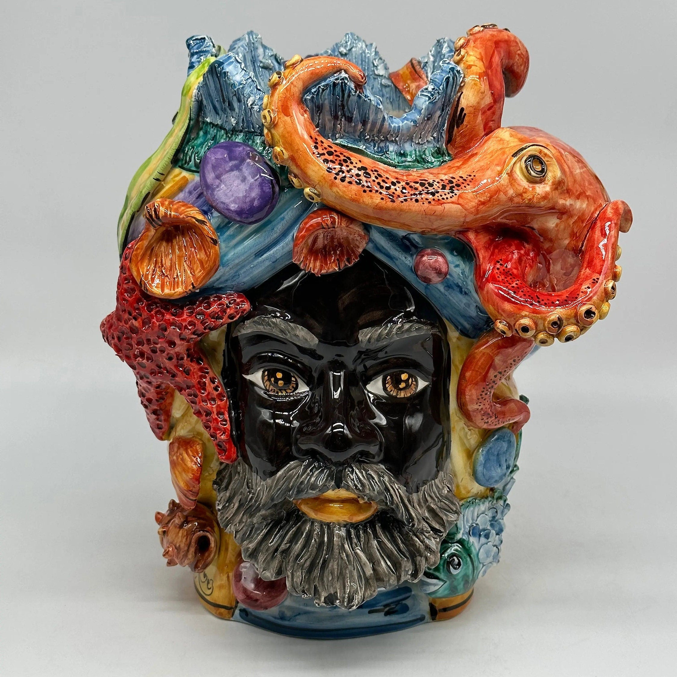 Teste di Moro Nettuno Ceramica Caltagirone cm H.30 L.24 Artigianale Decorazione Siciliana DD CERAMICHE SICILIANE