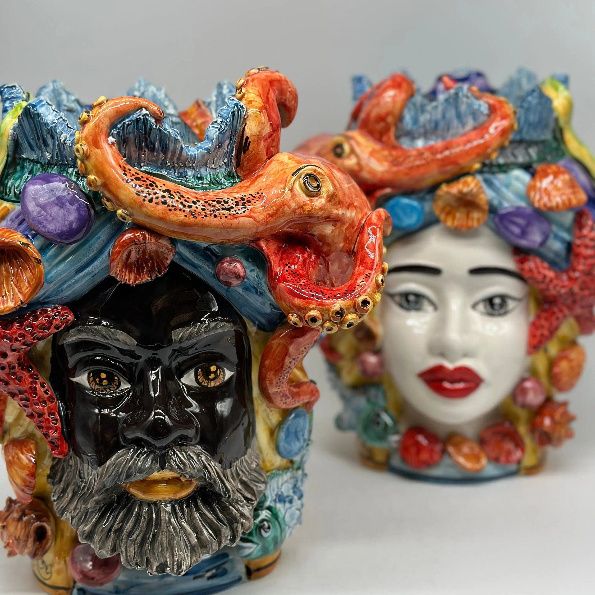 Teste di Moro Nettuno Ceramica Caltagirone cm H.30 L.24 Artigianale Decorazione Siciliana DD CERAMICHE SICILIANE