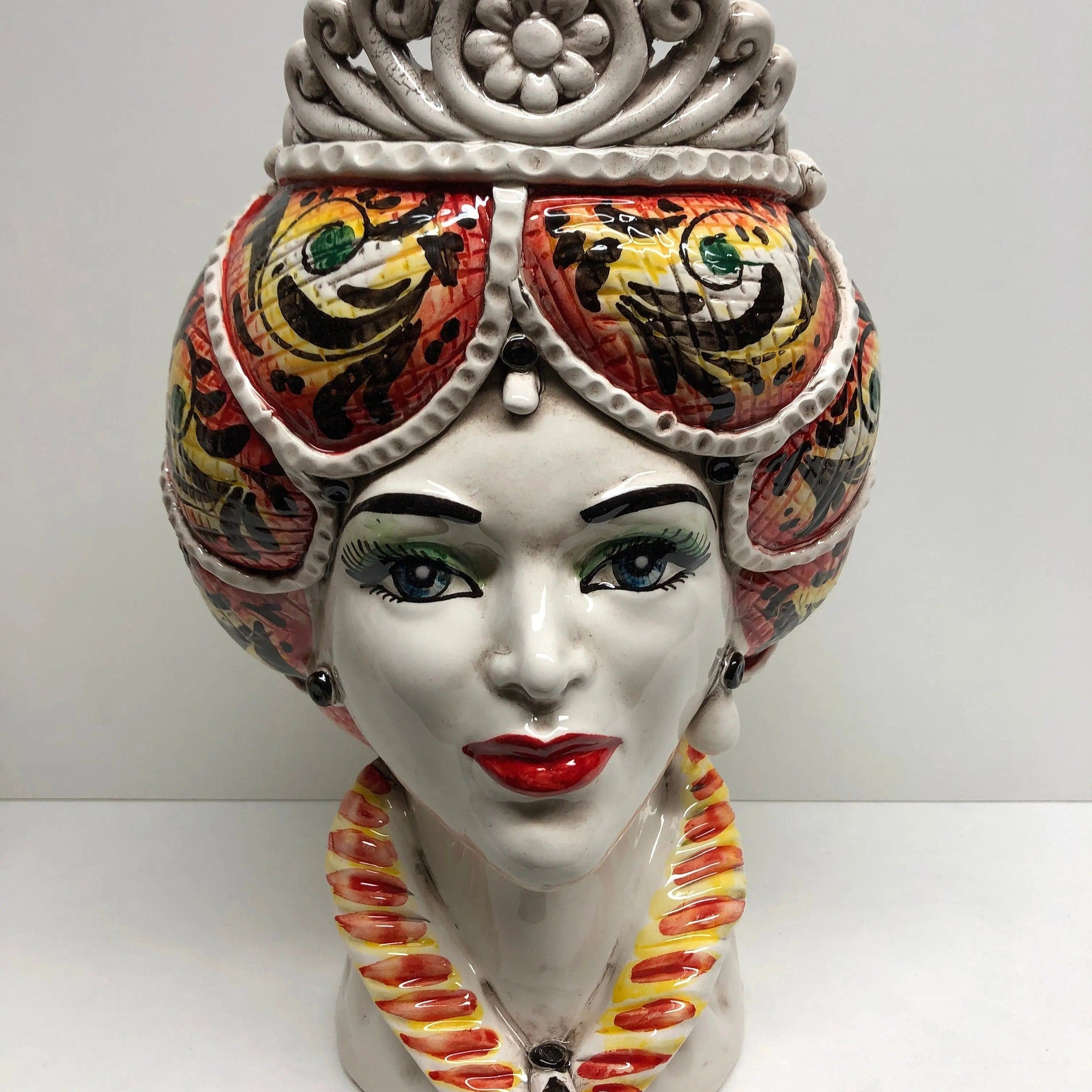 Teste di Moro Normanna Ceramica Caltagirone Linea cm H.30 L.19 Artigianale Giallo Arancione DD CERAMICHE SICILIANE