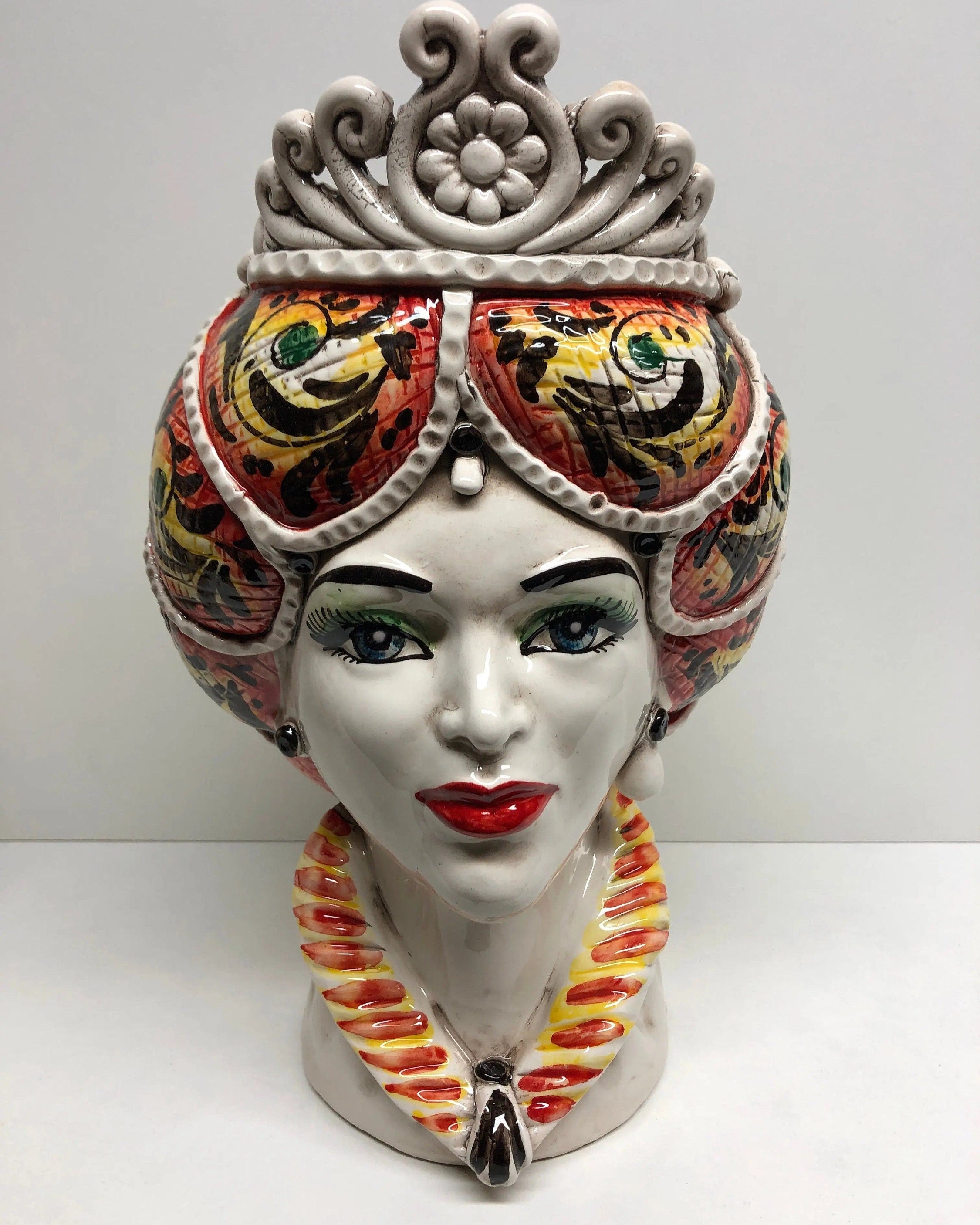 Teste di Moro Normanna Ceramica Caltagirone Linea cm H.30 L.19 Artigianale Giallo Arancione DD CERAMICHE SICILIANE