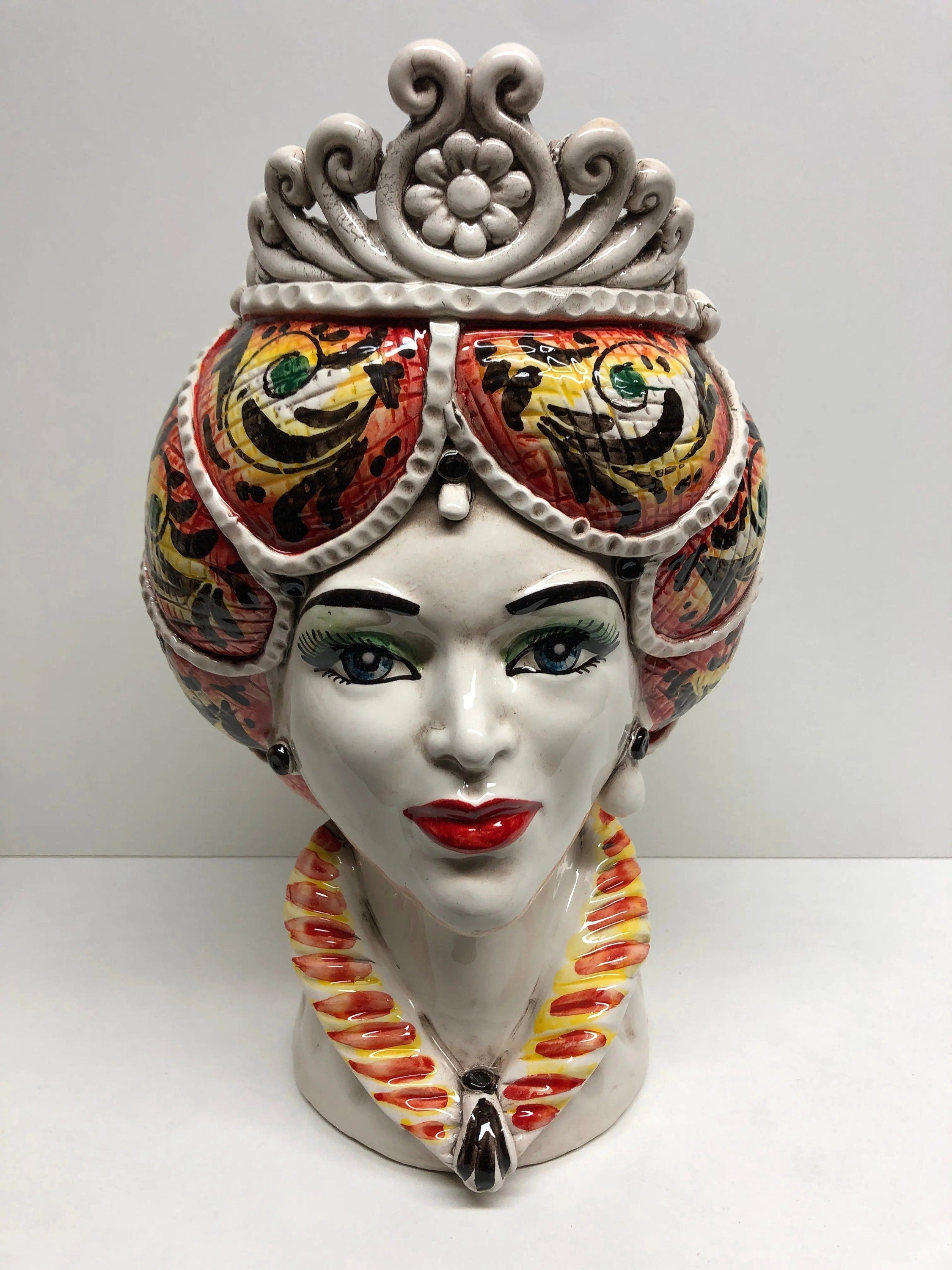 Teste di Moro Normanna Ceramica Caltagirone Linea cm H.30 L.19 Artigianale Giallo Arancione DD CERAMICHE SICILIANE