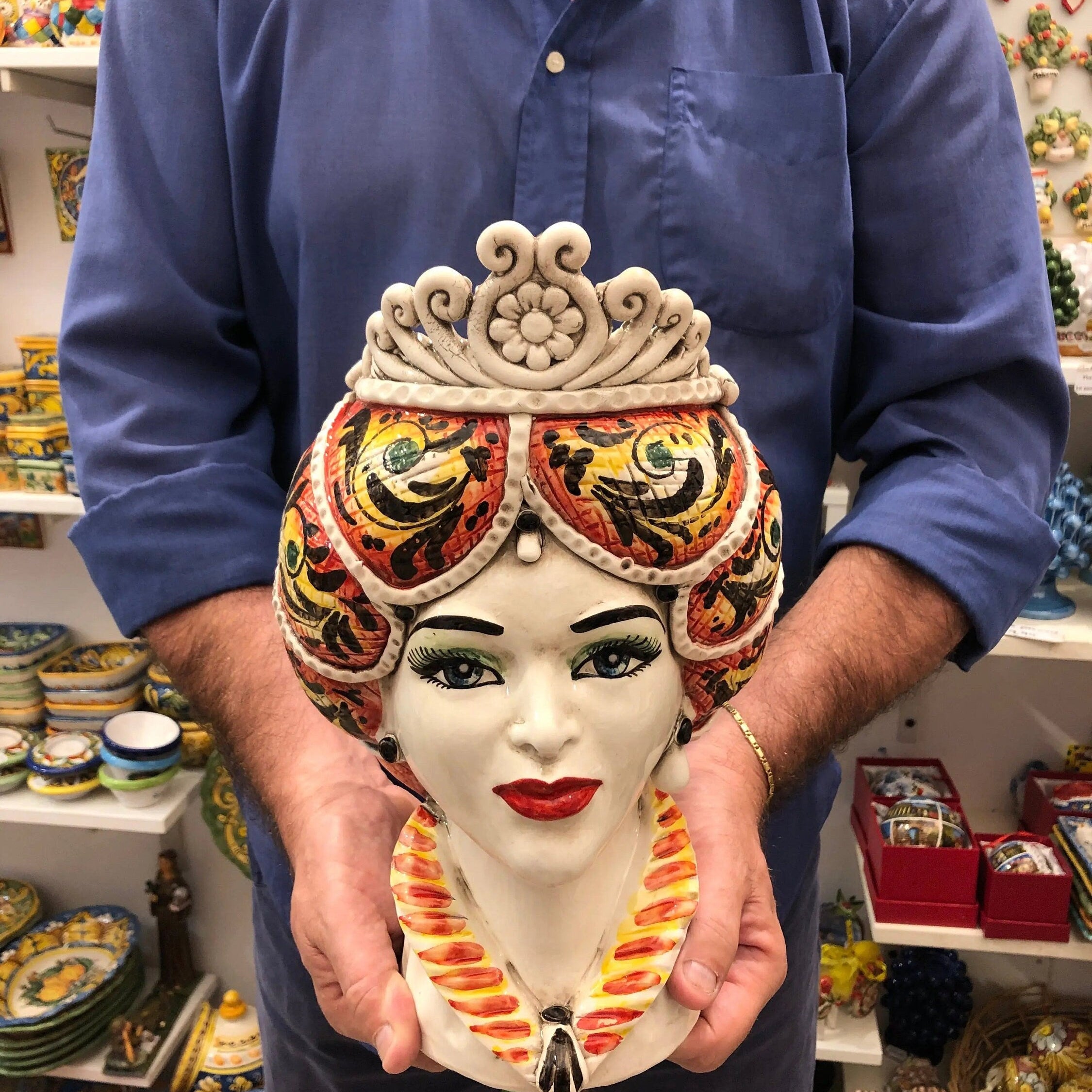 Teste di Moro Normanna Ceramica Caltagirone Linea cm H.30 L.19 Artigianale Giallo Arancione DD CERAMICHE SICILIANE