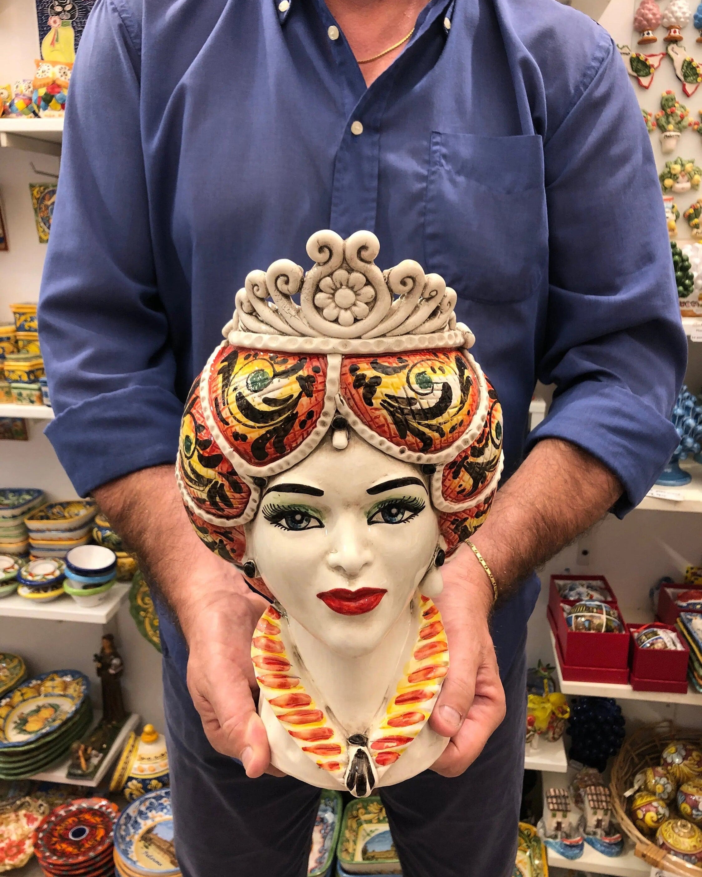 Teste di Moro Normanna Ceramica Caltagirone Linea cm H.30 L.19 Artigianale Giallo Arancione DD CERAMICHE SICILIANE