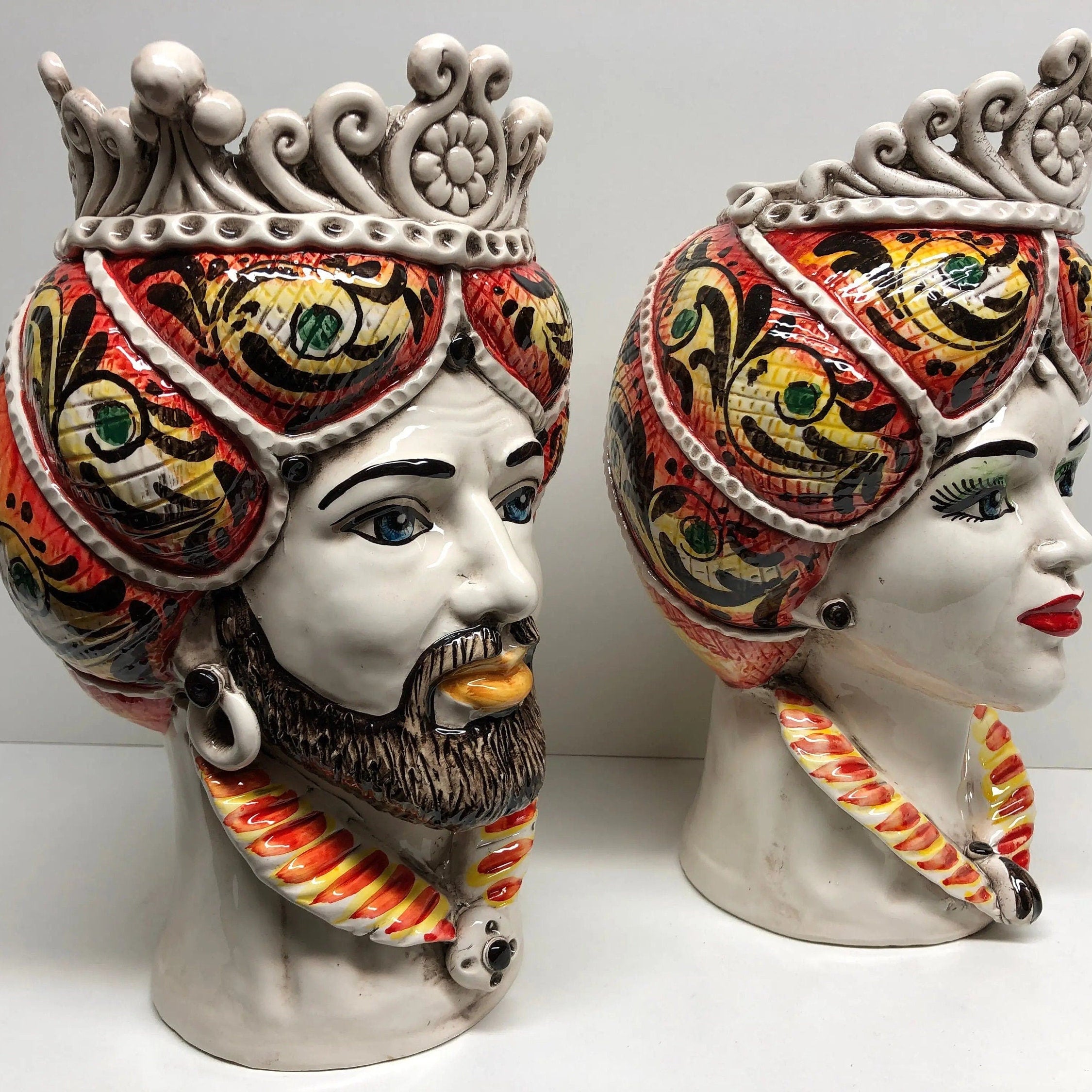 Teste di Moro Normanna Ceramica Caltagirone Linea cm H.30 L.19 Artigianale Giallo Arancione DD CERAMICHE SICILIANE