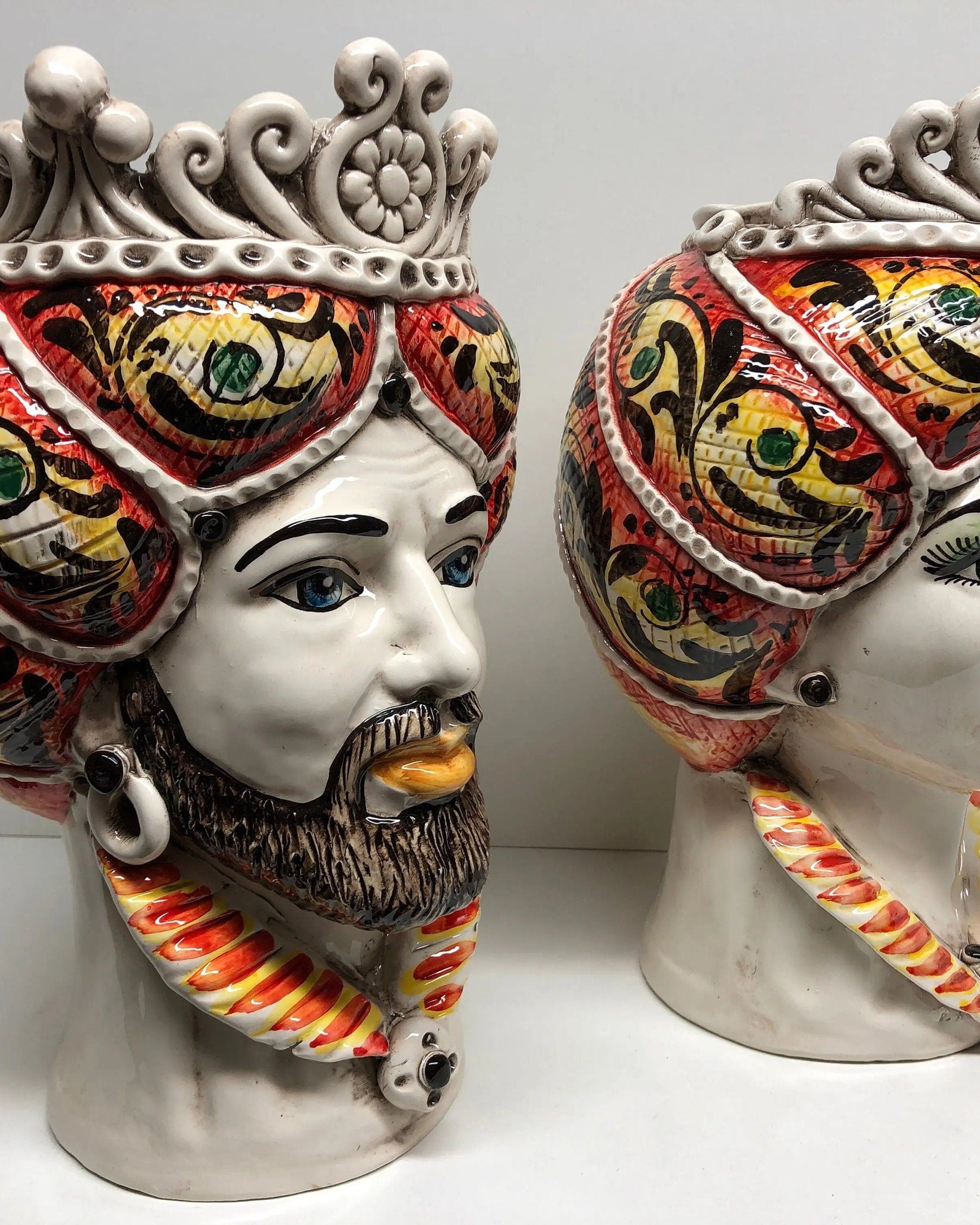 Teste di Moro Normanna Ceramica Caltagirone Linea cm H.30 L.19 Artigianale Giallo Arancione DD CERAMICHE SICILIANE