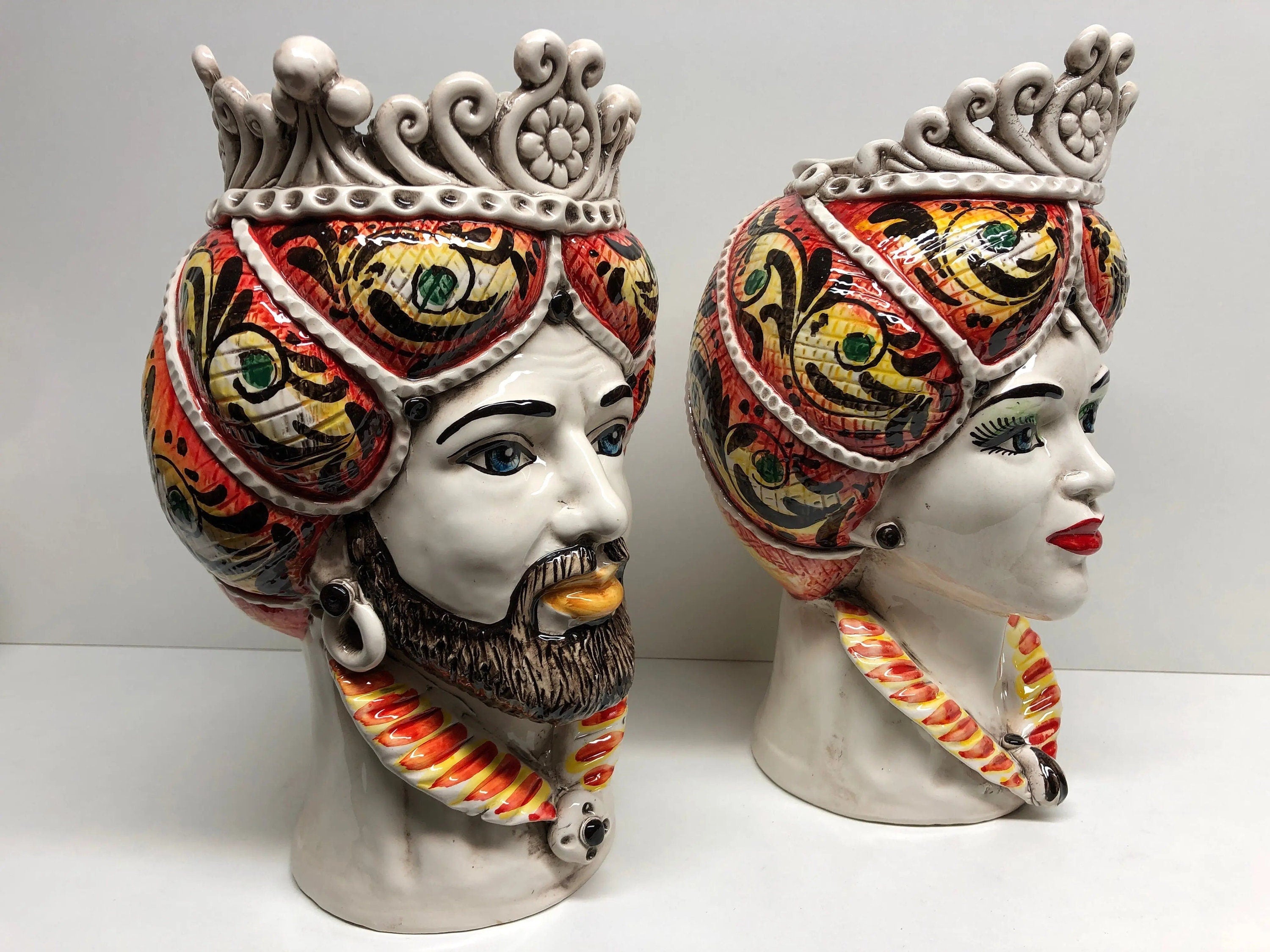 Teste di Moro Normanna Ceramica Caltagirone Linea cm H.30 L.19 Artigianale Giallo Arancione DD CERAMICHE SICILIANE