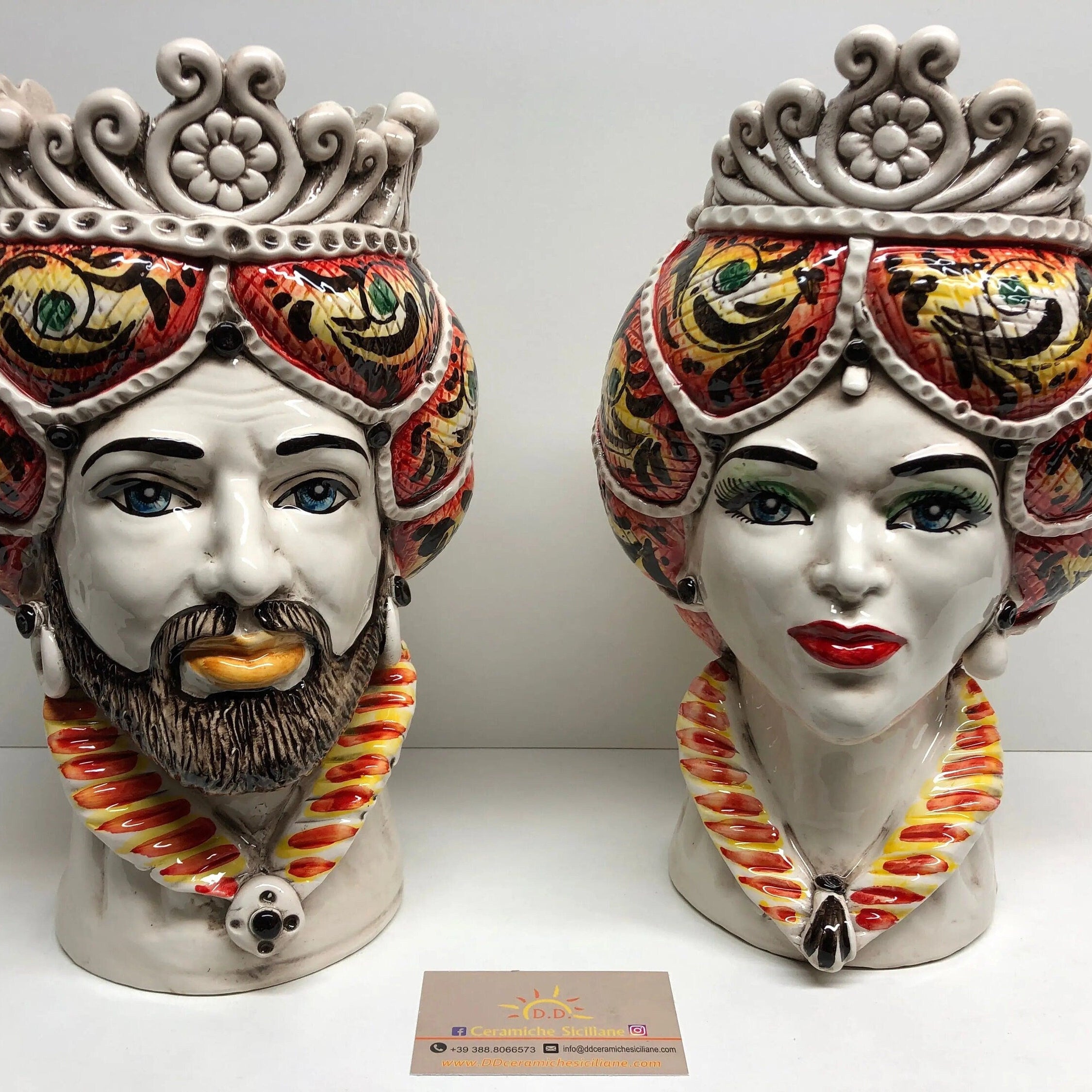 Teste di Moro Normanna Ceramica Caltagirone Linea cm H.30 L.19 Artigianale Giallo Arancione DD CERAMICHE SICILIANE