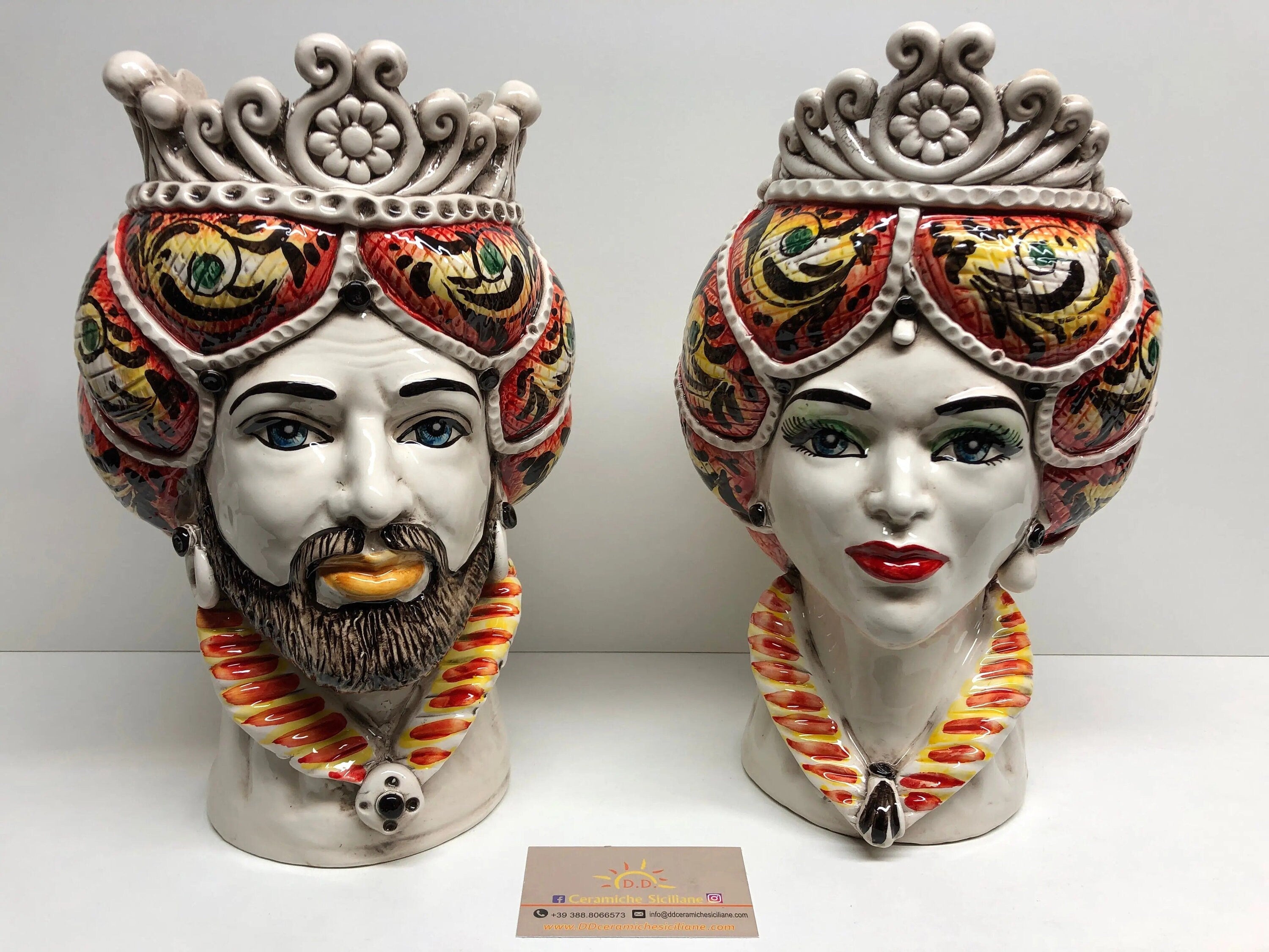 Teste di Moro Normanna Ceramica Caltagirone Linea cm H.30 L.19 Artigianale Giallo Arancione DD CERAMICHE SICILIANE