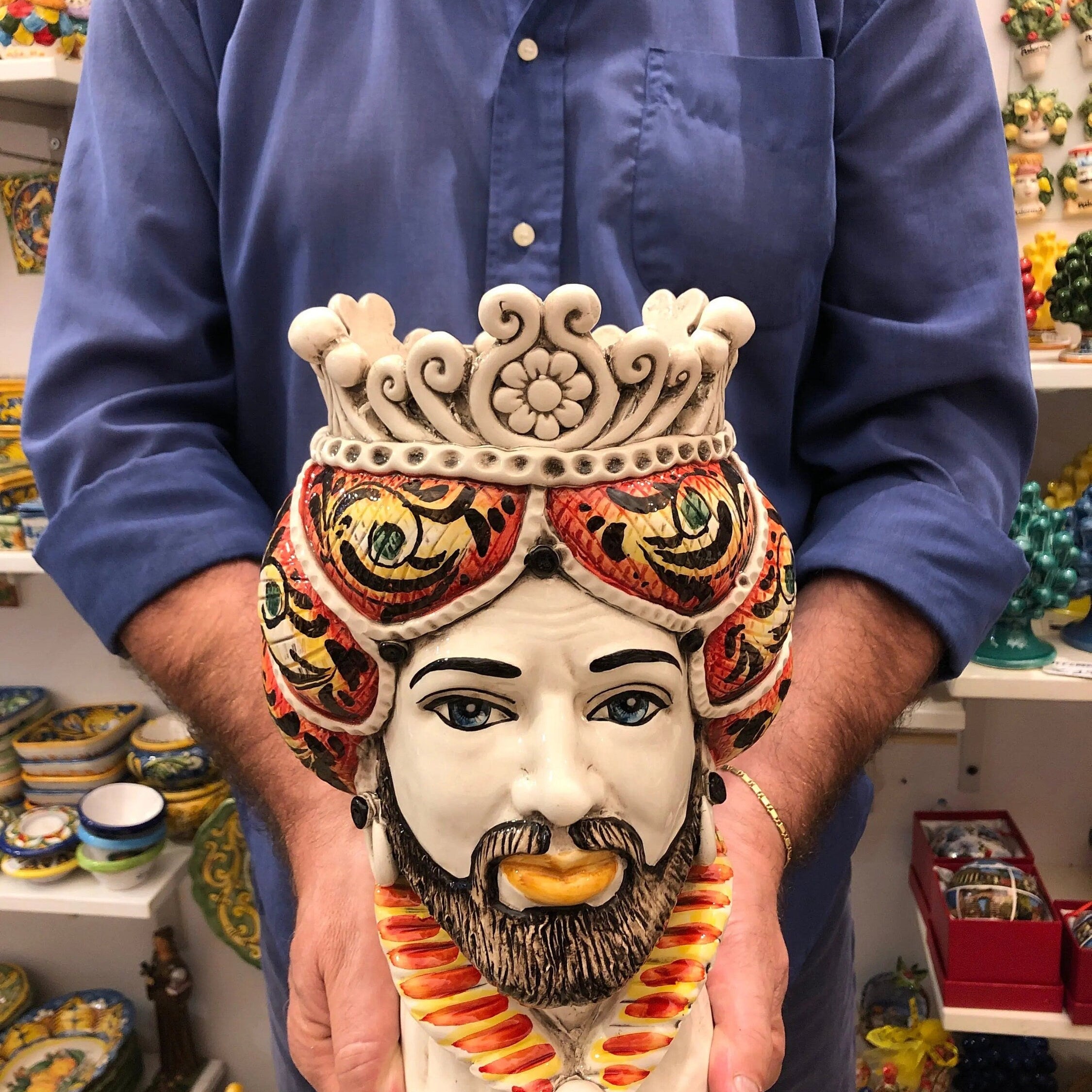 Teste di Moro Normanna Ceramica Caltagirone Linea cm H.30 L.19 Artigianale Giallo Arancione DD CERAMICHE SICILIANE