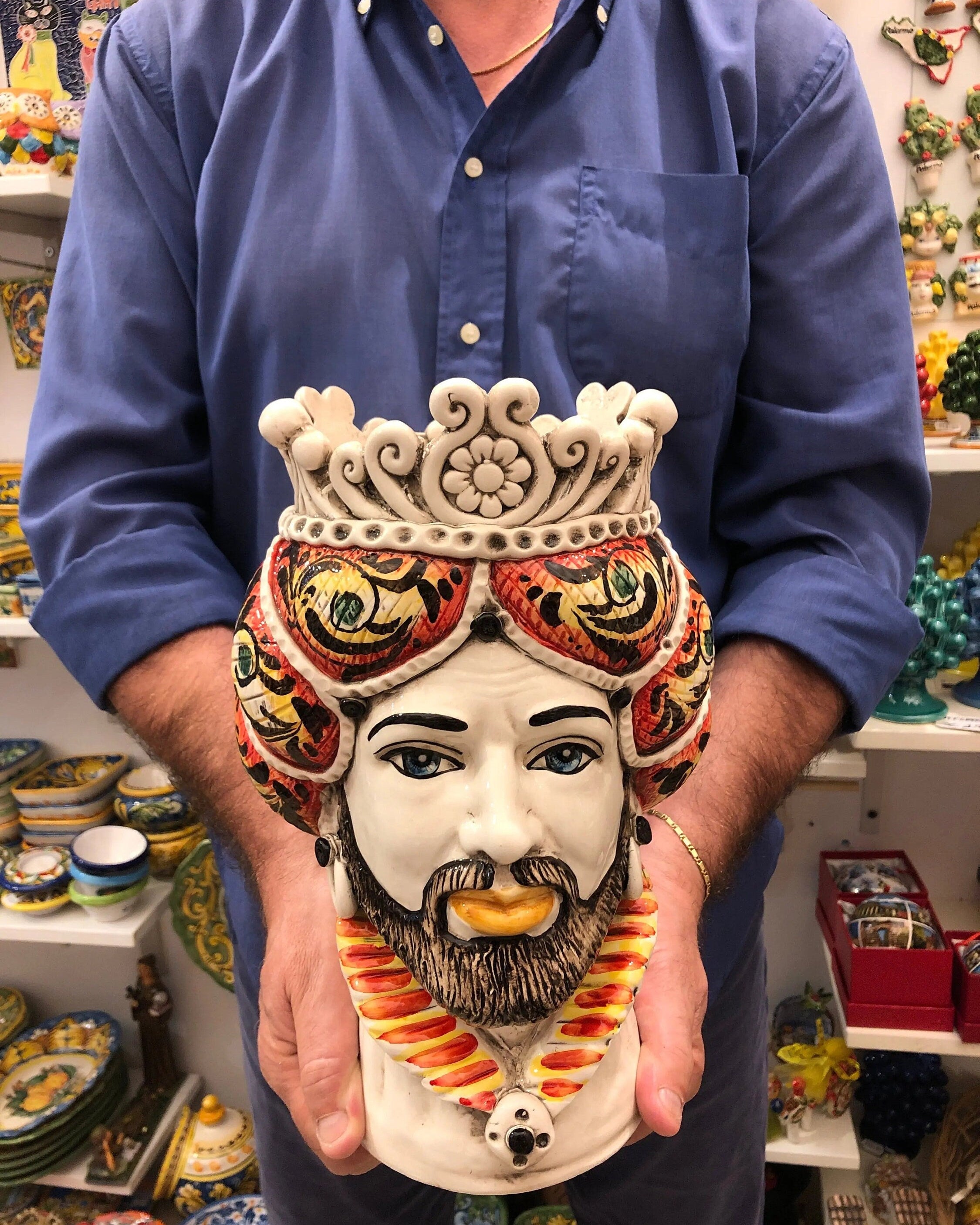 Teste di Moro Normanna Ceramica Caltagirone Linea cm H.30 L.19 Artigianale Giallo Arancione DD CERAMICHE SICILIANE