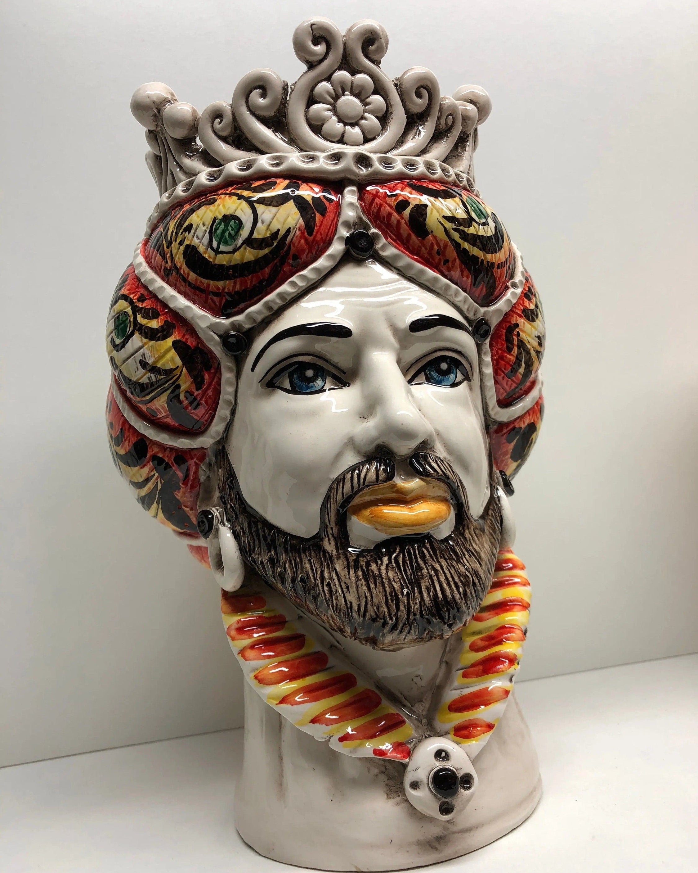 Teste di Moro Normanna Ceramica Caltagirone Linea cm H.30 L.19 Artigianale Giallo Arancione DD CERAMICHE SICILIANE