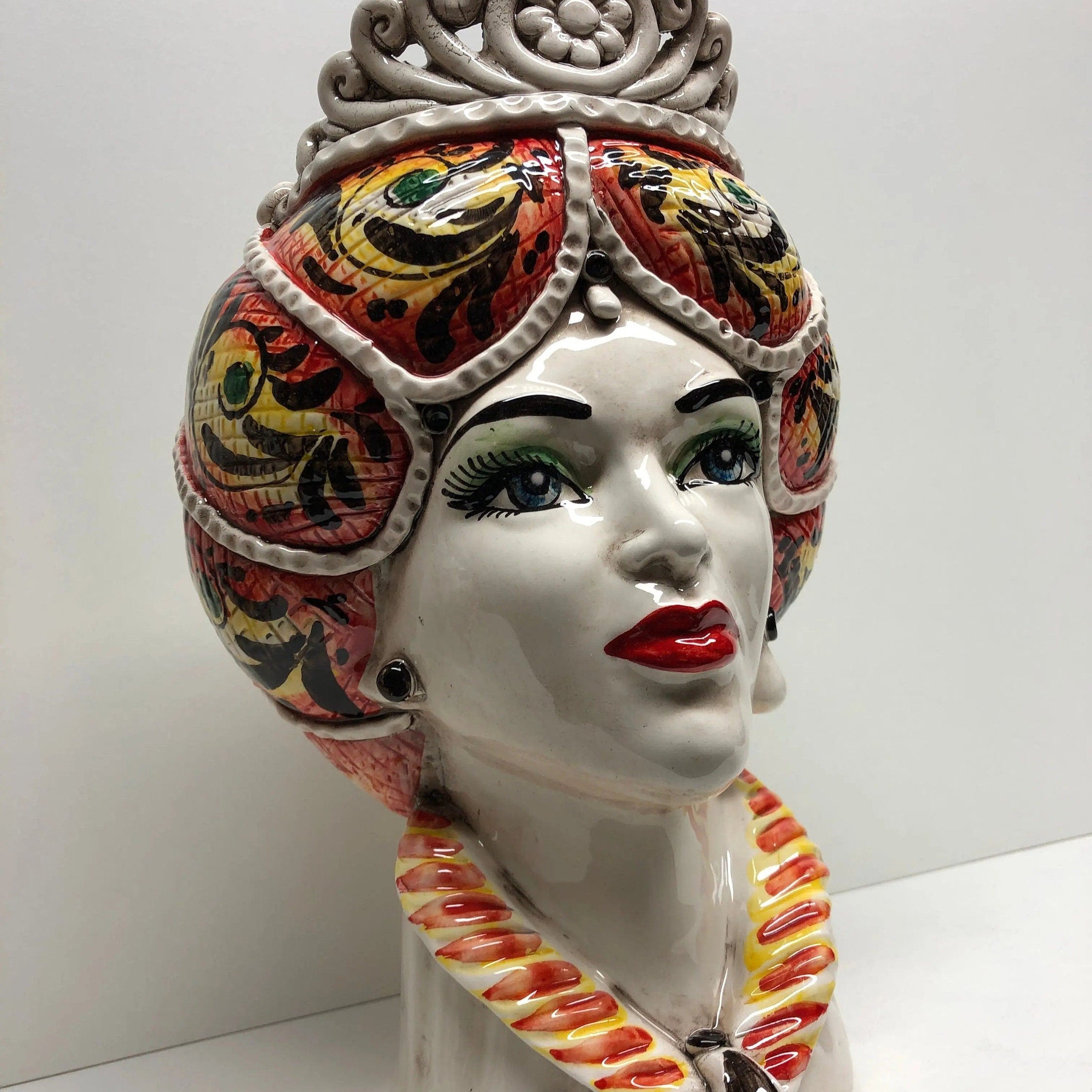 Teste di Moro Normanna Ceramica Caltagirone Linea cm H.30 L.19 Artigianale Giallo Arancione DD CERAMICHE SICILIANE