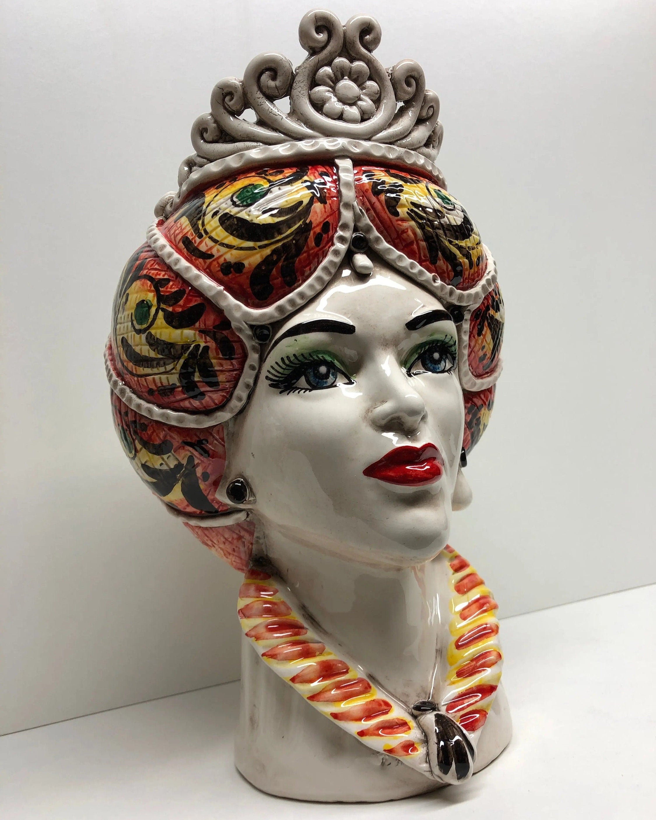 Teste di Moro Normanna Ceramica Caltagirone Linea cm H.30 L.19 Artigianale Giallo Arancione DD CERAMICHE SICILIANE