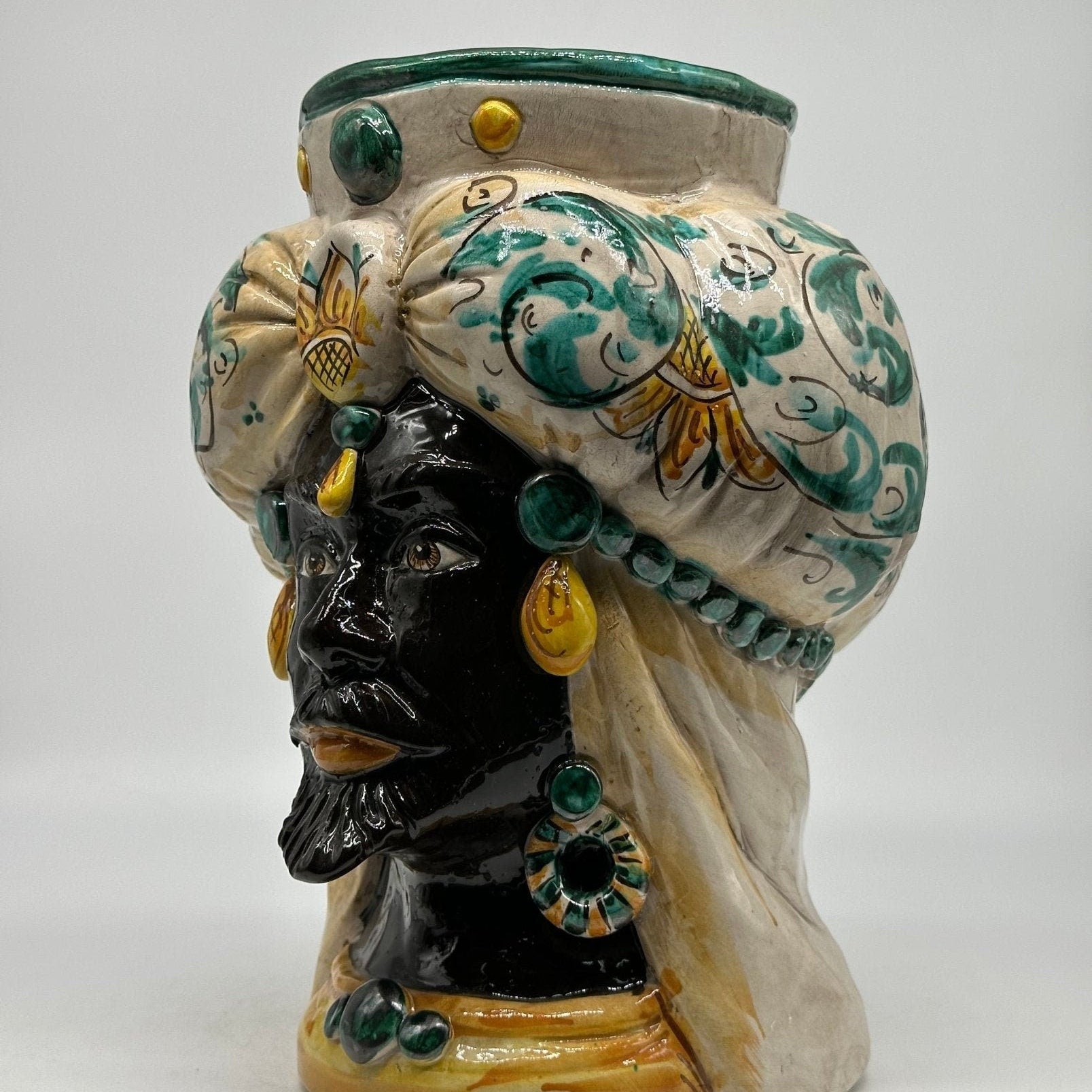 Teste di Moro Persia Ceramica Caltagirone cm H.30 L.22 Artigianale Decorazione Barocco Verde - DD CERAMICHE SICILIANE