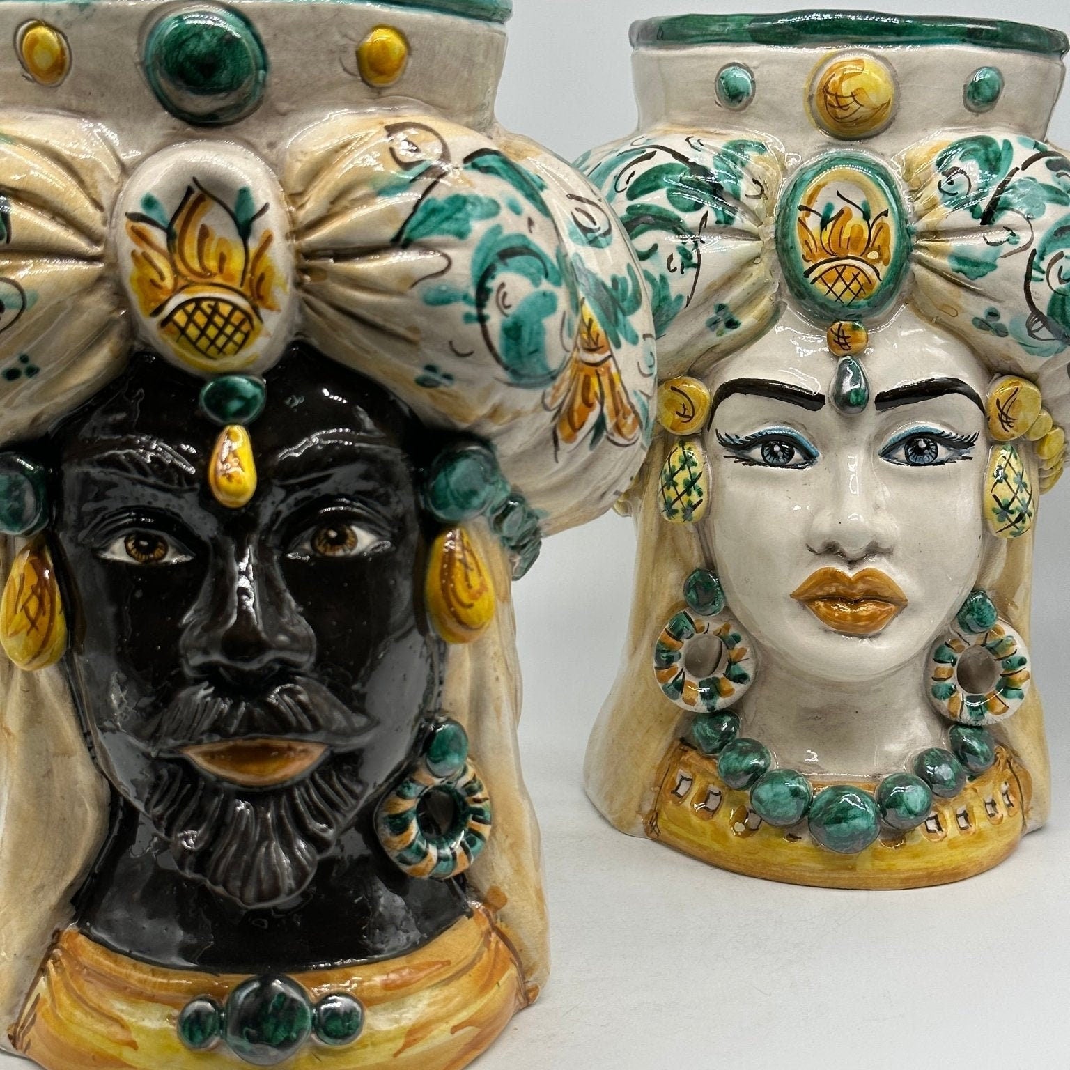 Teste di Moro Persia Ceramica Caltagirone cm H.30 L.22 Artigianale Decorazione Barocco Verde - DD CERAMICHE SICILIANE