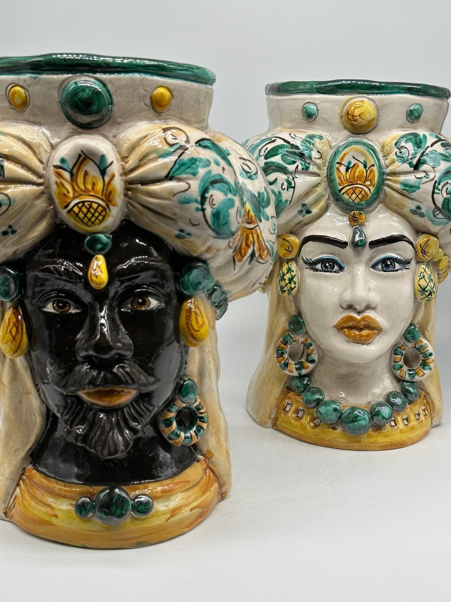 Teste di Moro Persia Ceramica Caltagirone cm H.30 L.22 Artigianale Decorazione Barocco Verde - DD CERAMICHE SICILIANE