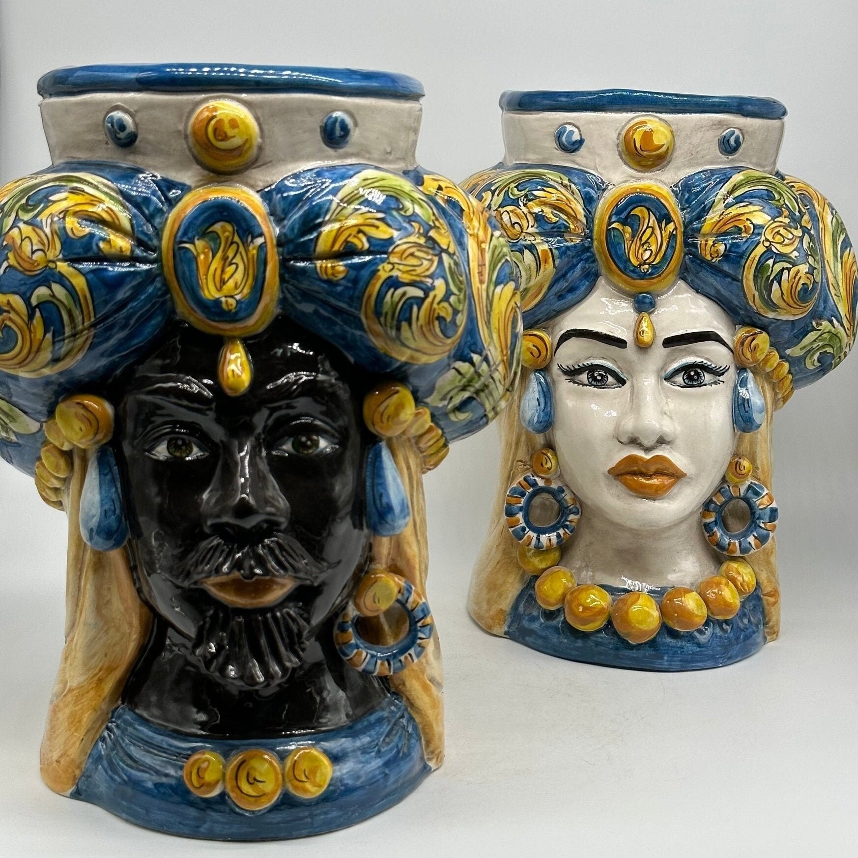 Teste di Moro Persia Ceramica Caltagirone cm H.30 L.22 Artigianale Decorazione Barocco Blu - DD CERAMICHE SICILIANE