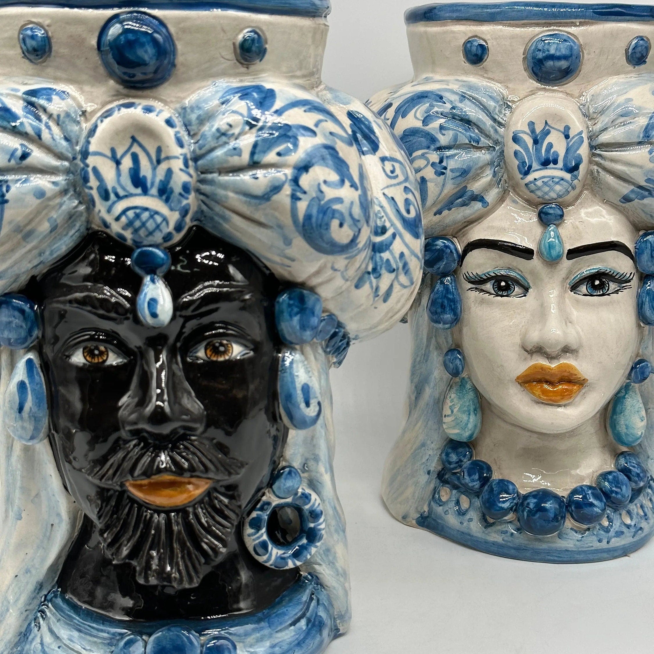 Teste di Moro Persia Ceramica Caltagirone cm H.30 L.22 Artigianale Decorazione Barocco Blu DD CERAMICHE SICILIANE