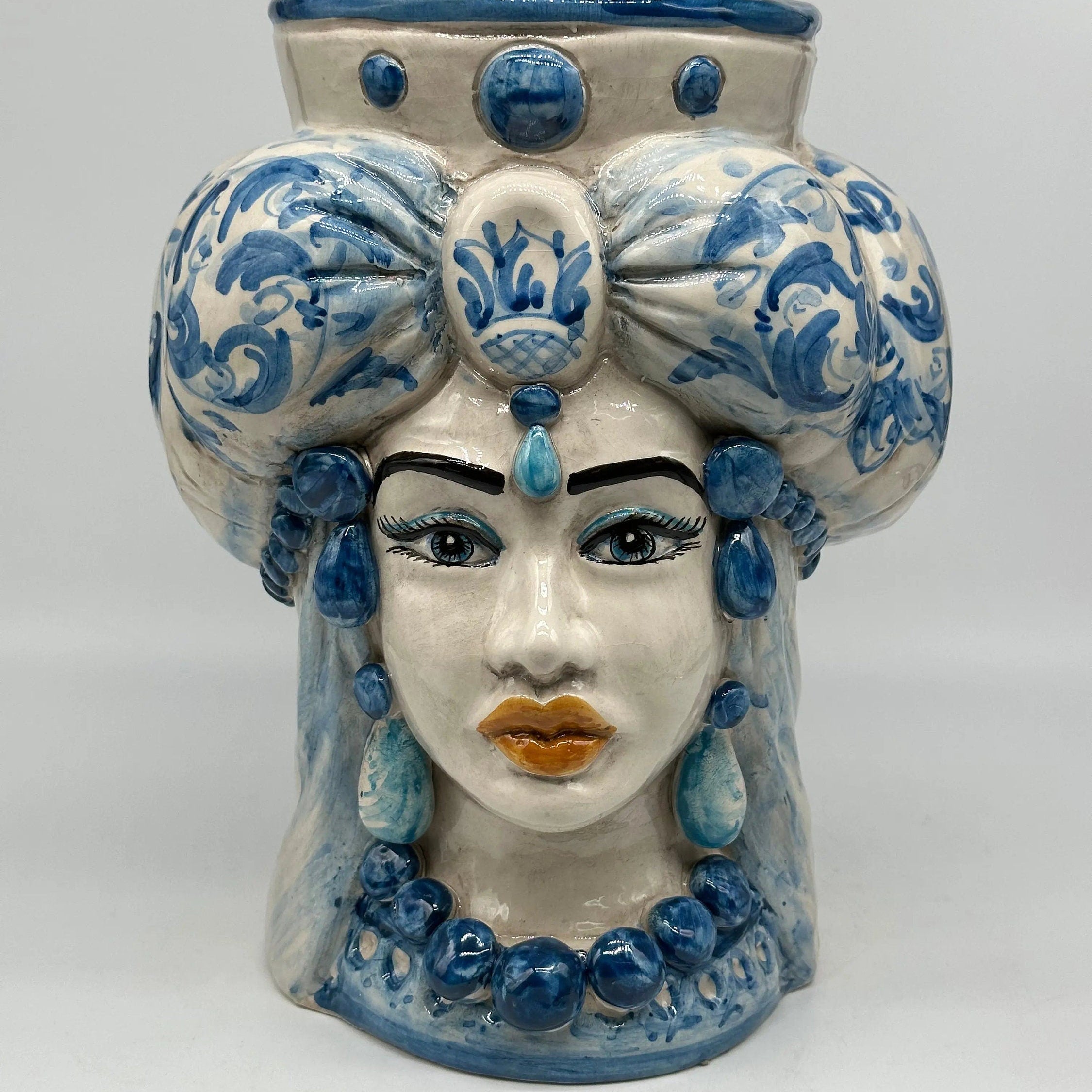 Teste di Moro Persia Ceramica Caltagirone cm H.30 L.22 Artigianale Decorazione Barocco Blu DD CERAMICHE SICILIANE
