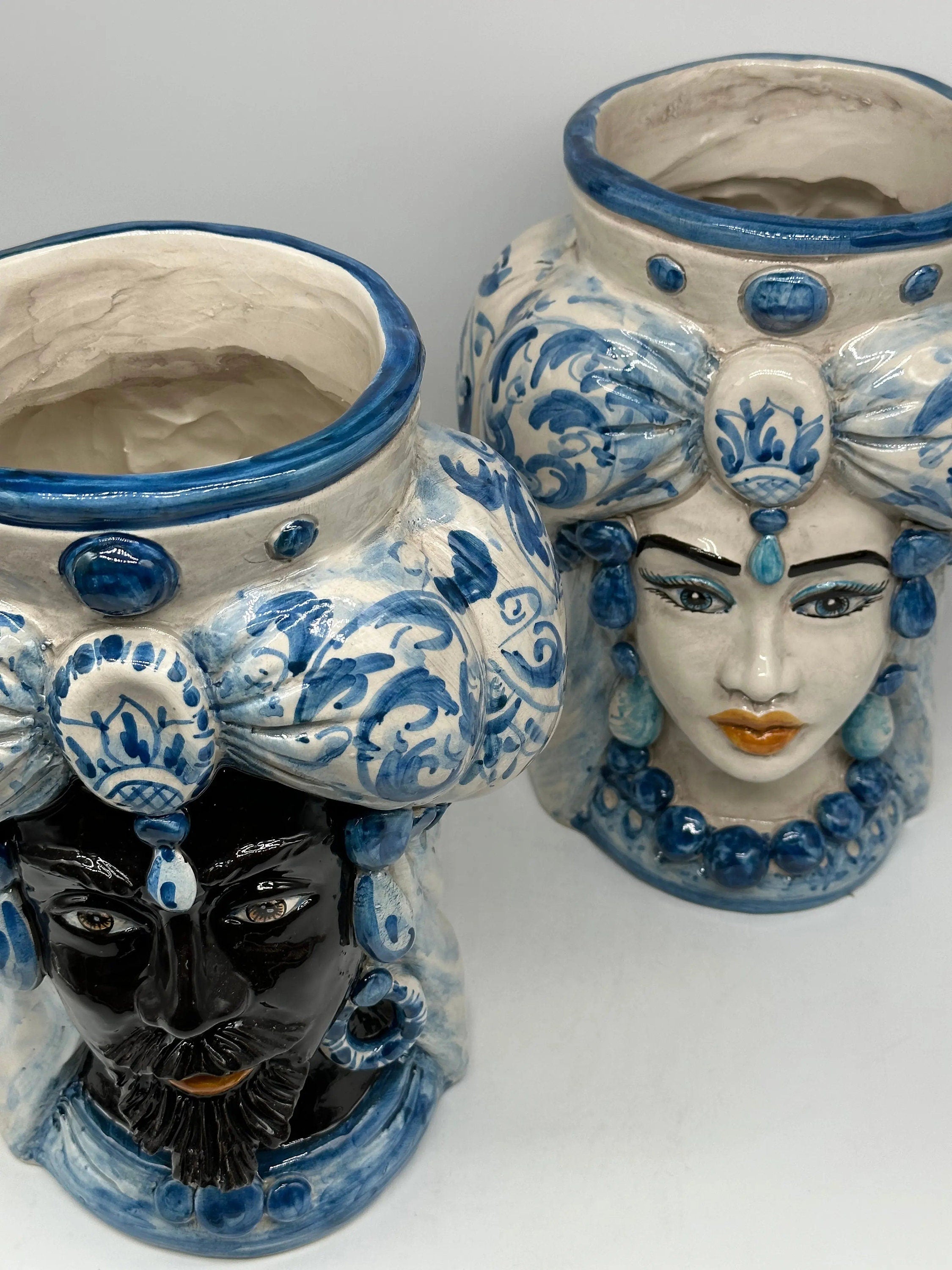 Teste di Moro Persia Ceramica Caltagirone cm H.30 L.22 Artigianale Decorazione Barocco Blu DD CERAMICHE SICILIANE
