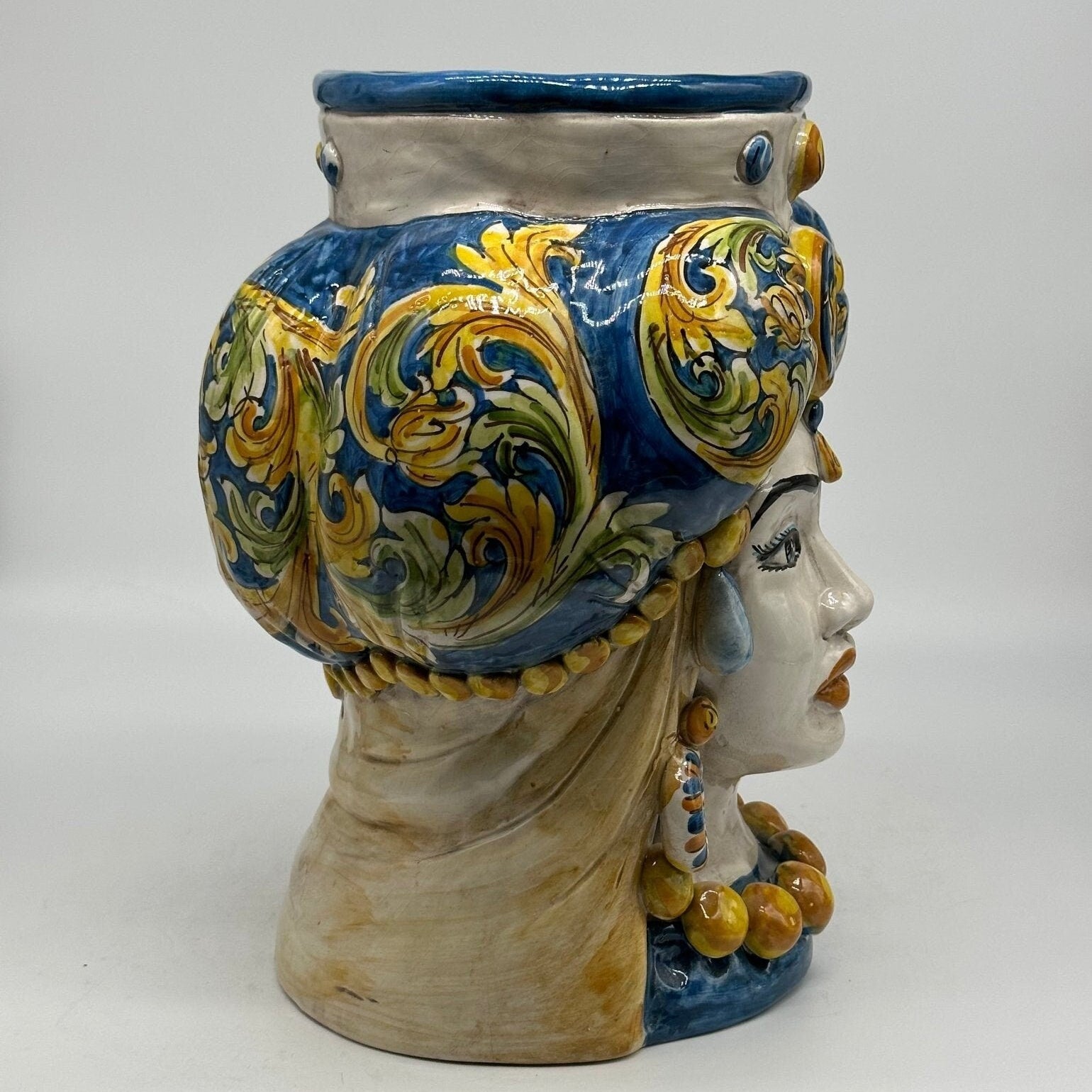 Teste di Moro Persia Ceramica Caltagirone cm H.30 L.22 Artigianale Decorazione Barocco Blu - DD CERAMICHE SICILIANE