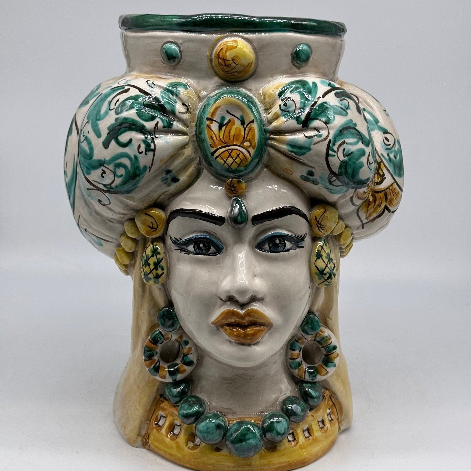 Teste di Moro Persia Ceramica Caltagirone cm H.30 L.22 Artigianale Decorazione Barocco Verde - DD CERAMICHE SICILIANE