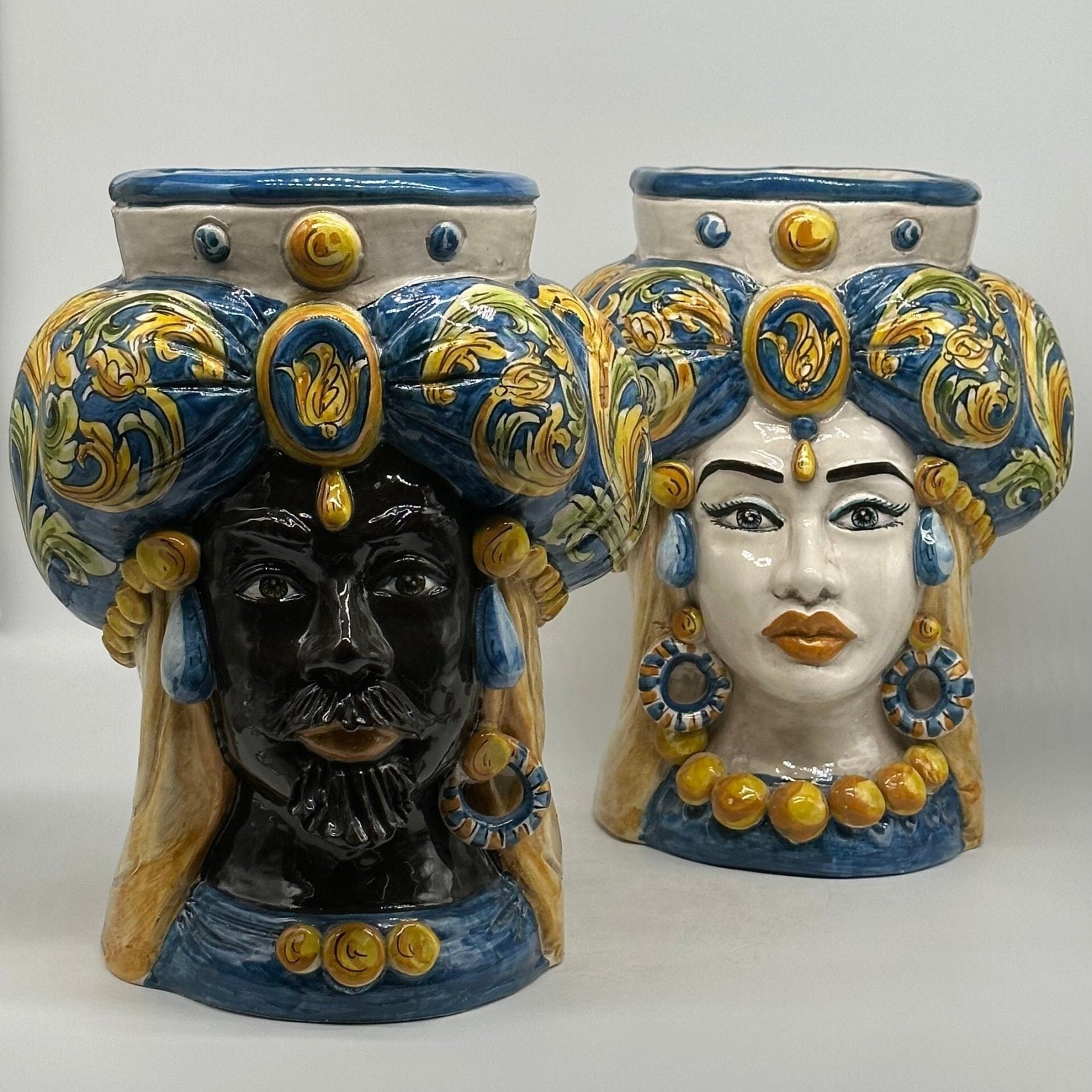 Teste di Moro Persia Ceramica Caltagirone cm H.30 L.22 Artigianale Decorazione Barocco Blu - DD CERAMICHE SICILIANE