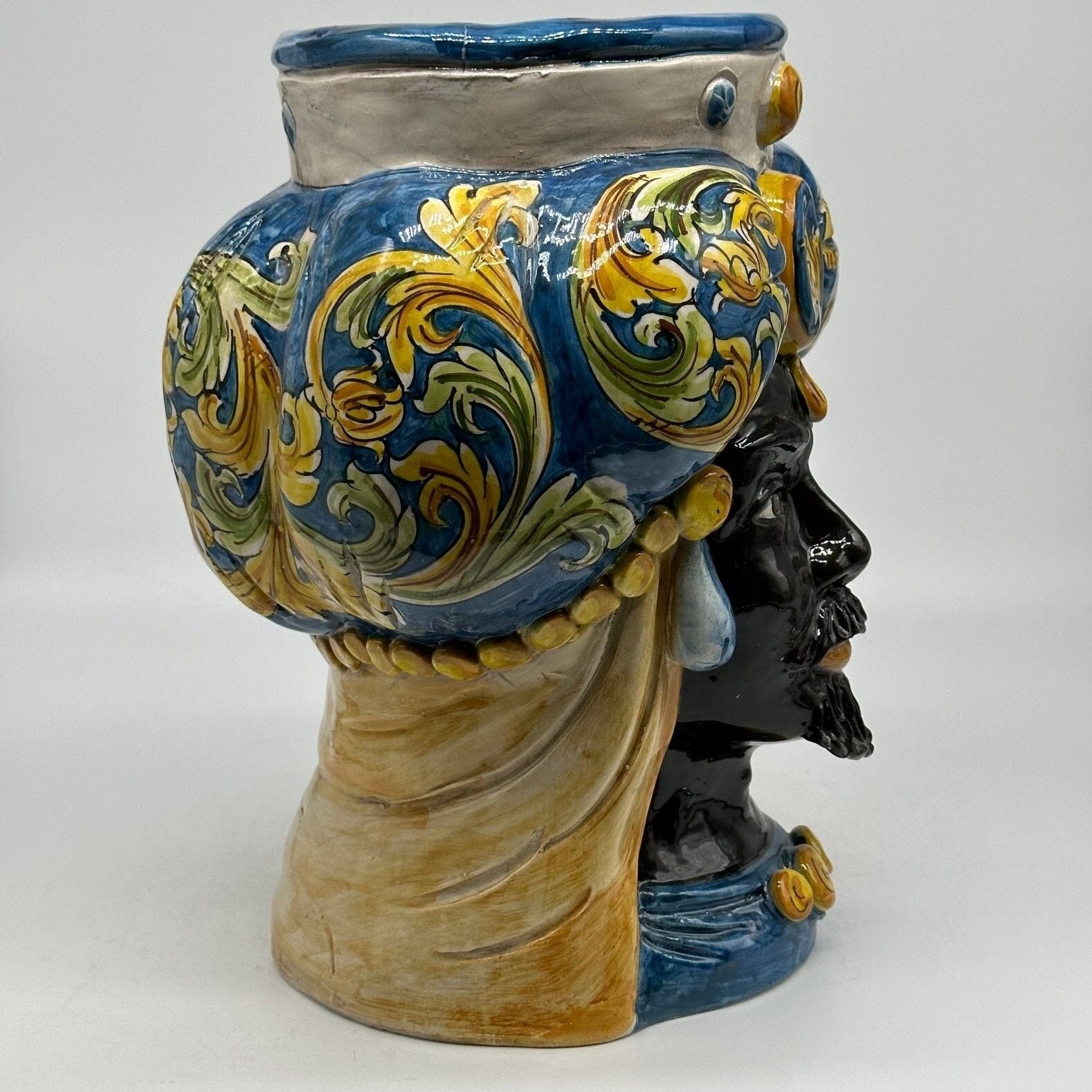 Teste di Moro Persia Ceramica Caltagirone cm H.30 L.22 Artigianale Decorazione Barocco Blu - DD CERAMICHE SICILIANE