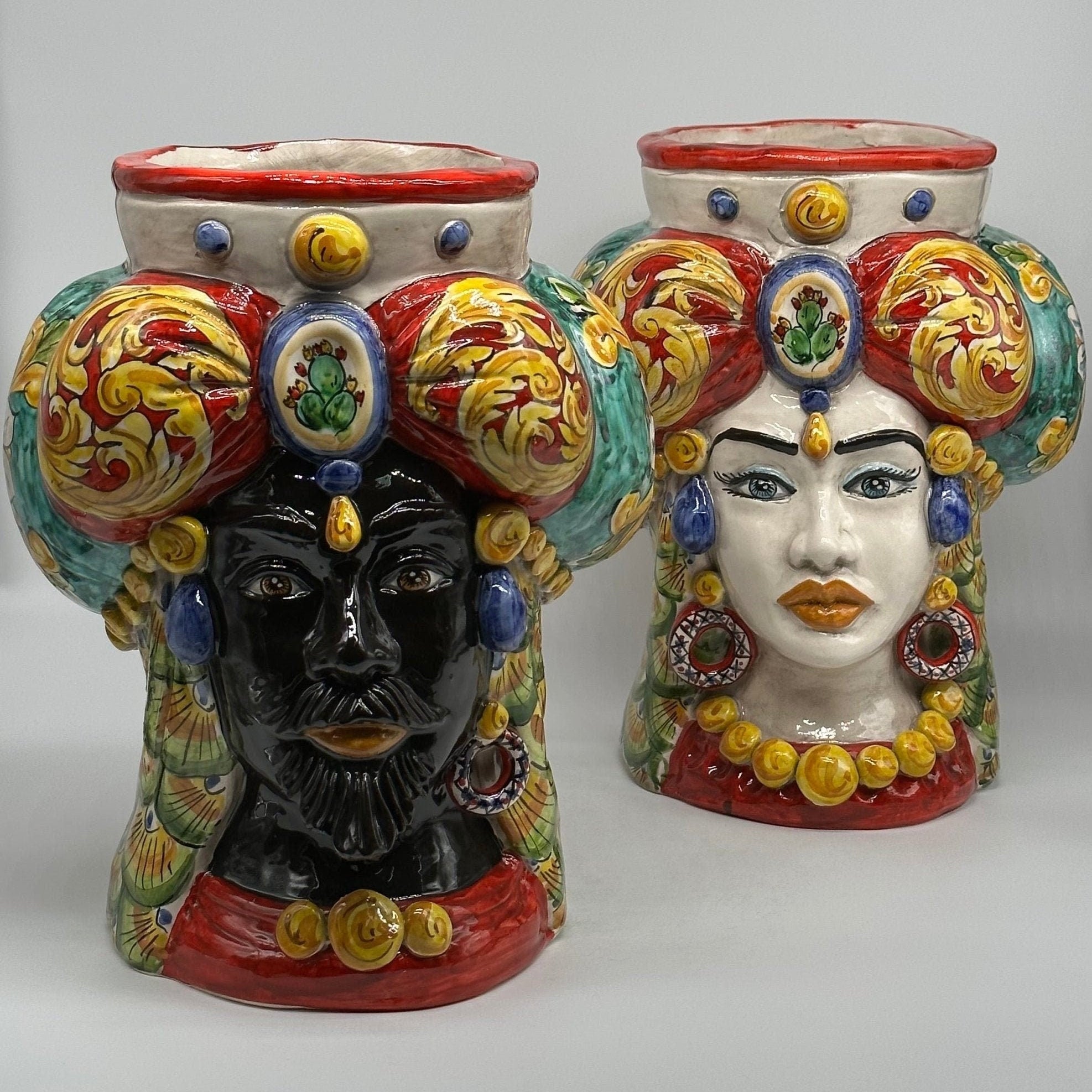 Teste di Moro Persia Ceramica Caltagirone cm H.30 L.22 Artigianale Decorazione “Carretto” - DD CERAMICHE SICILIANE