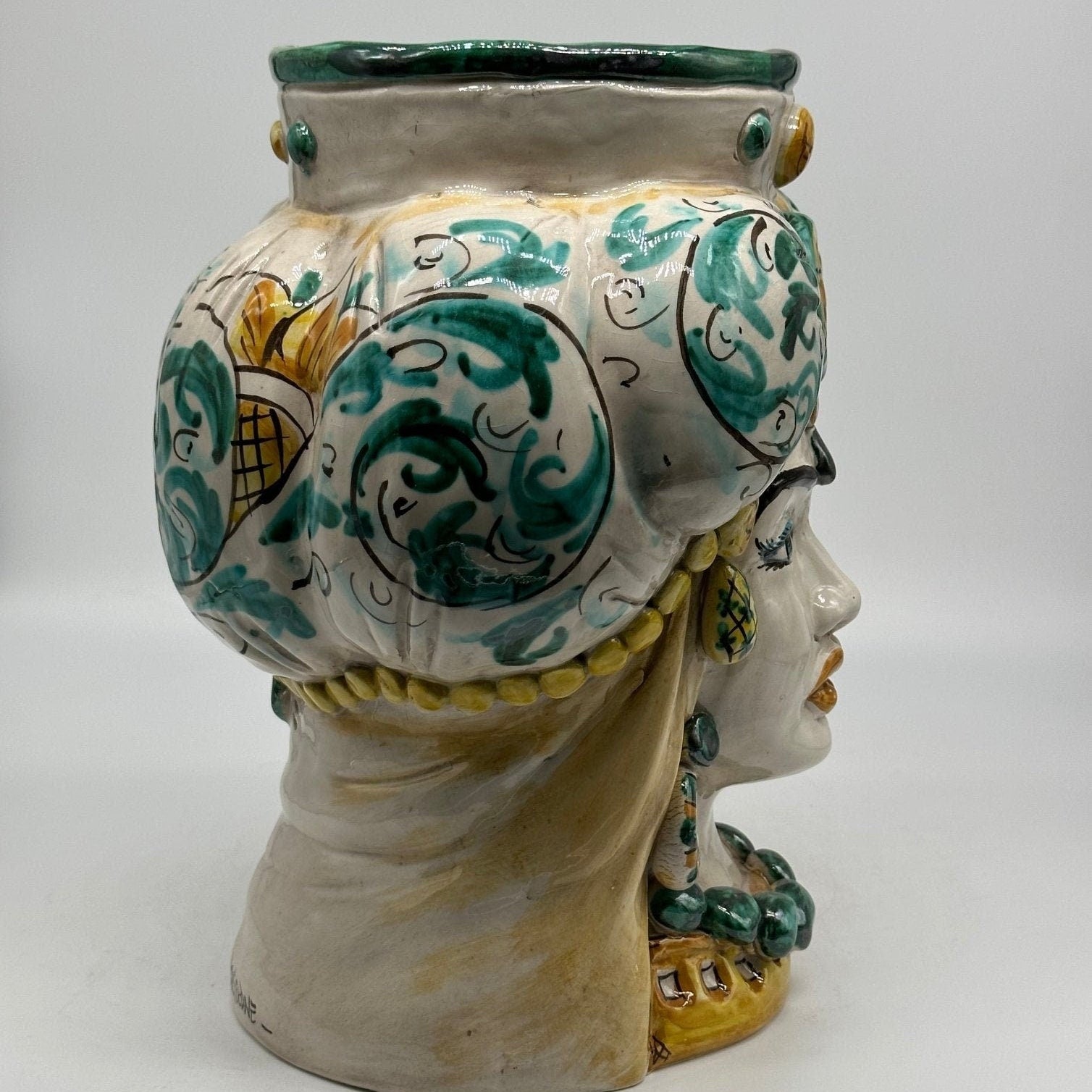 Teste di Moro Persia Ceramica Caltagirone cm H.30 L.22 Artigianale Decorazione Barocco Verde - DD CERAMICHE SICILIANE