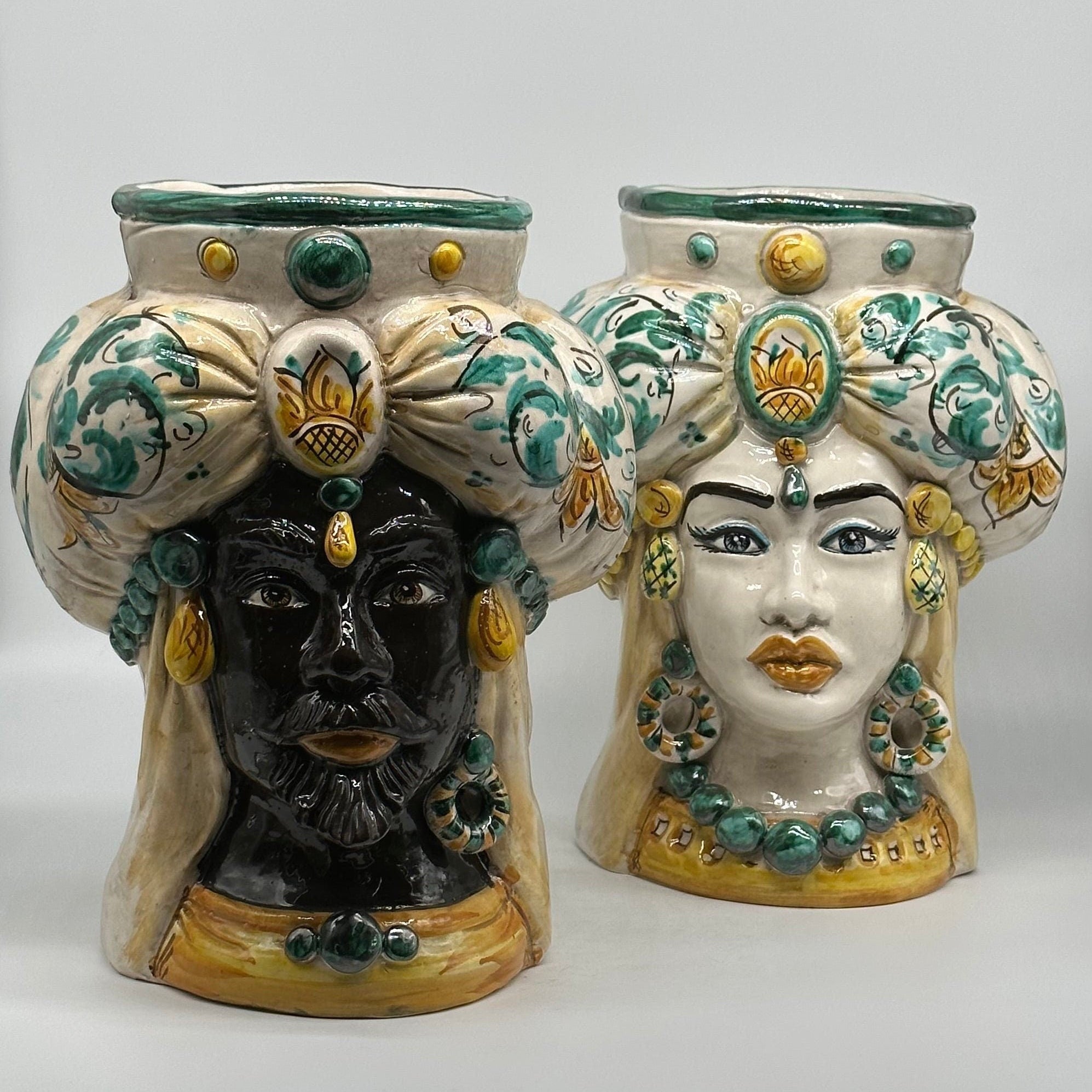 Teste di Moro Persia Ceramica Caltagirone cm H.30 L.22 Artigianale Decorazione Barocco Verde - DD CERAMICHE SICILIANE