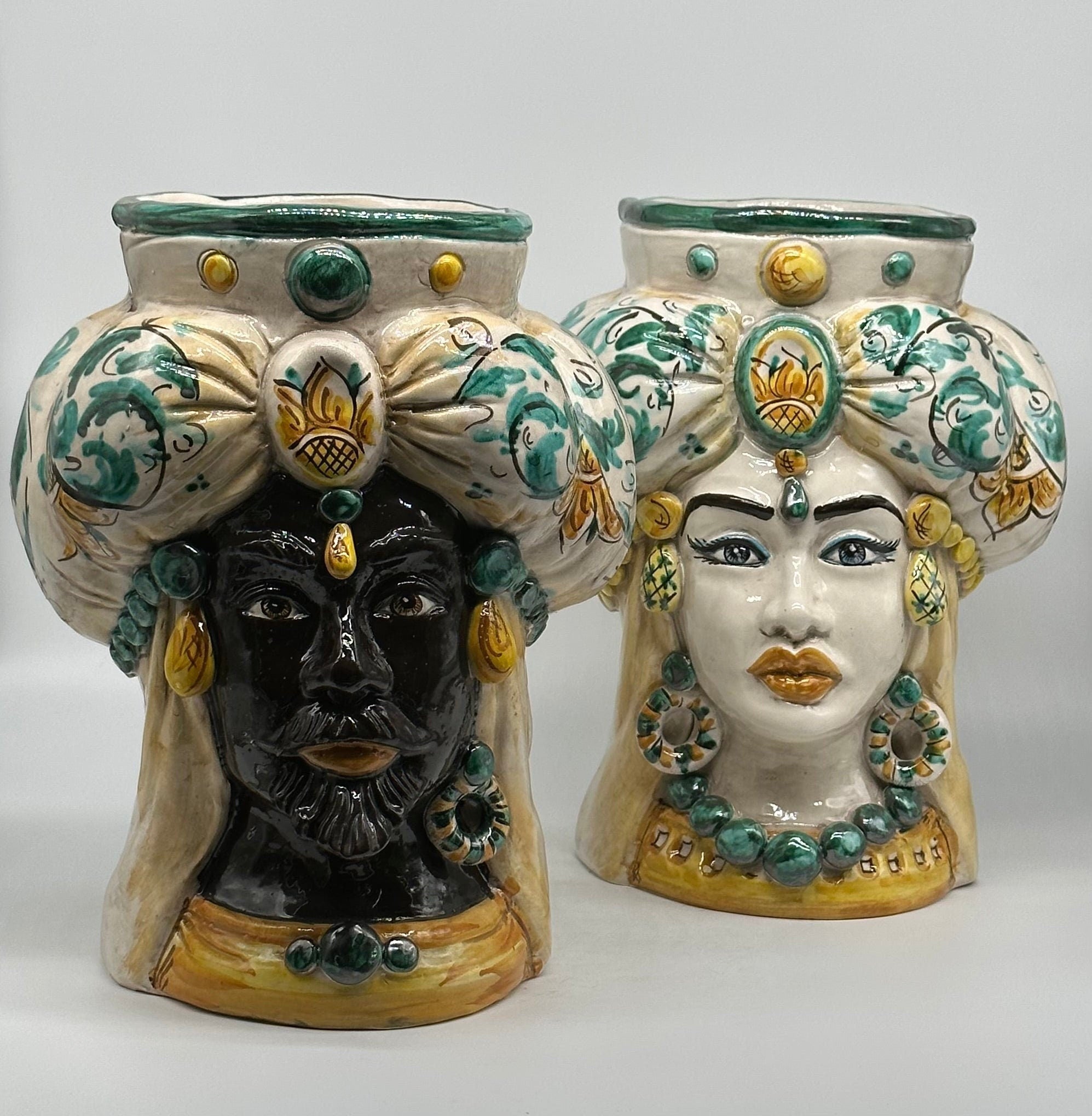 Teste di Moro Persia Ceramica Caltagirone cm H.30 L.22 Artigianale Decorazione Barocco Verde - DD CERAMICHE SICILIANE