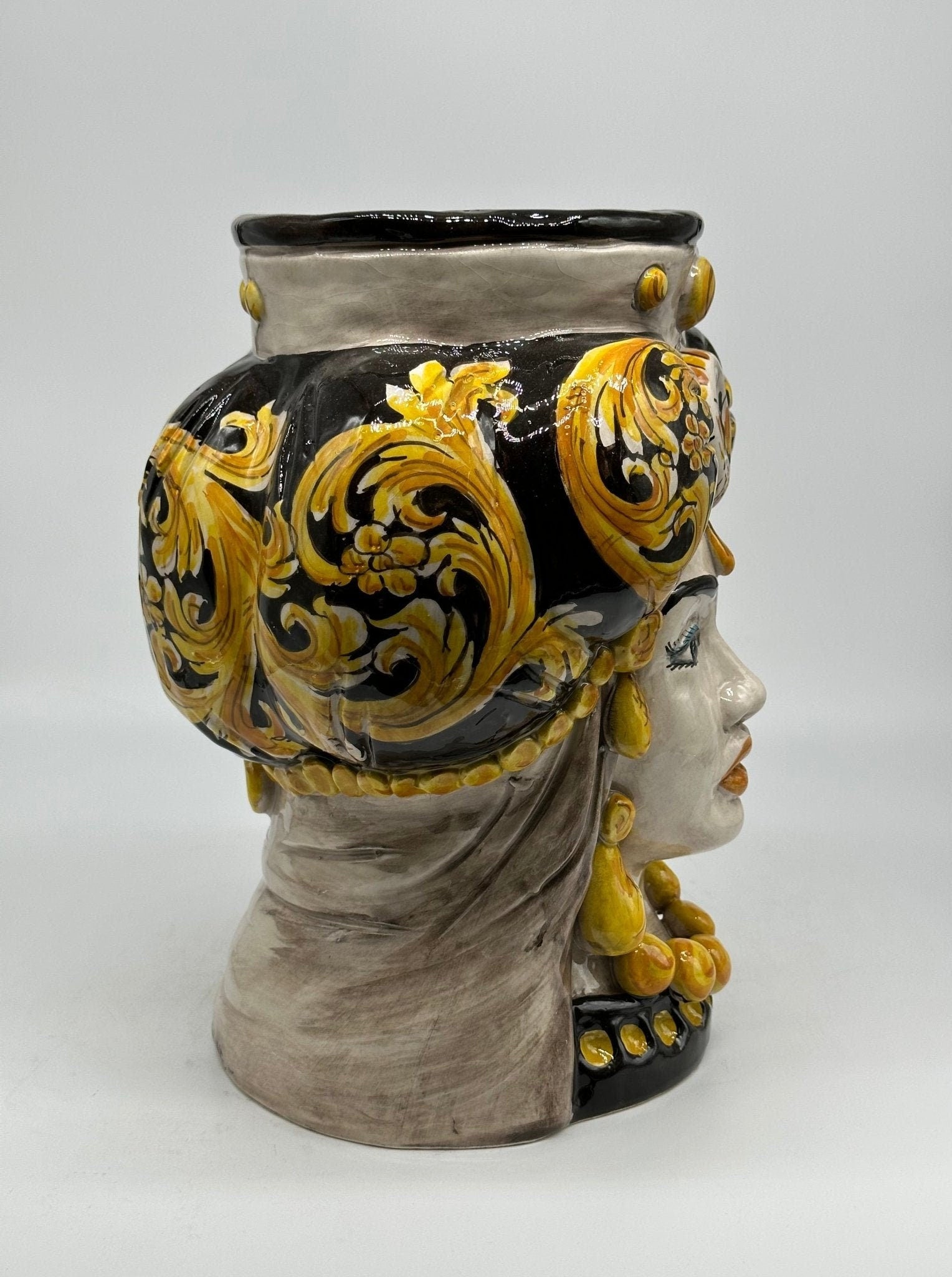 Teste di Moro Persia Ceramica Caltagirone cm H.30 L.22 Artigianale Decorazione Barocco Nero - DD CERAMICHE SICILIANE