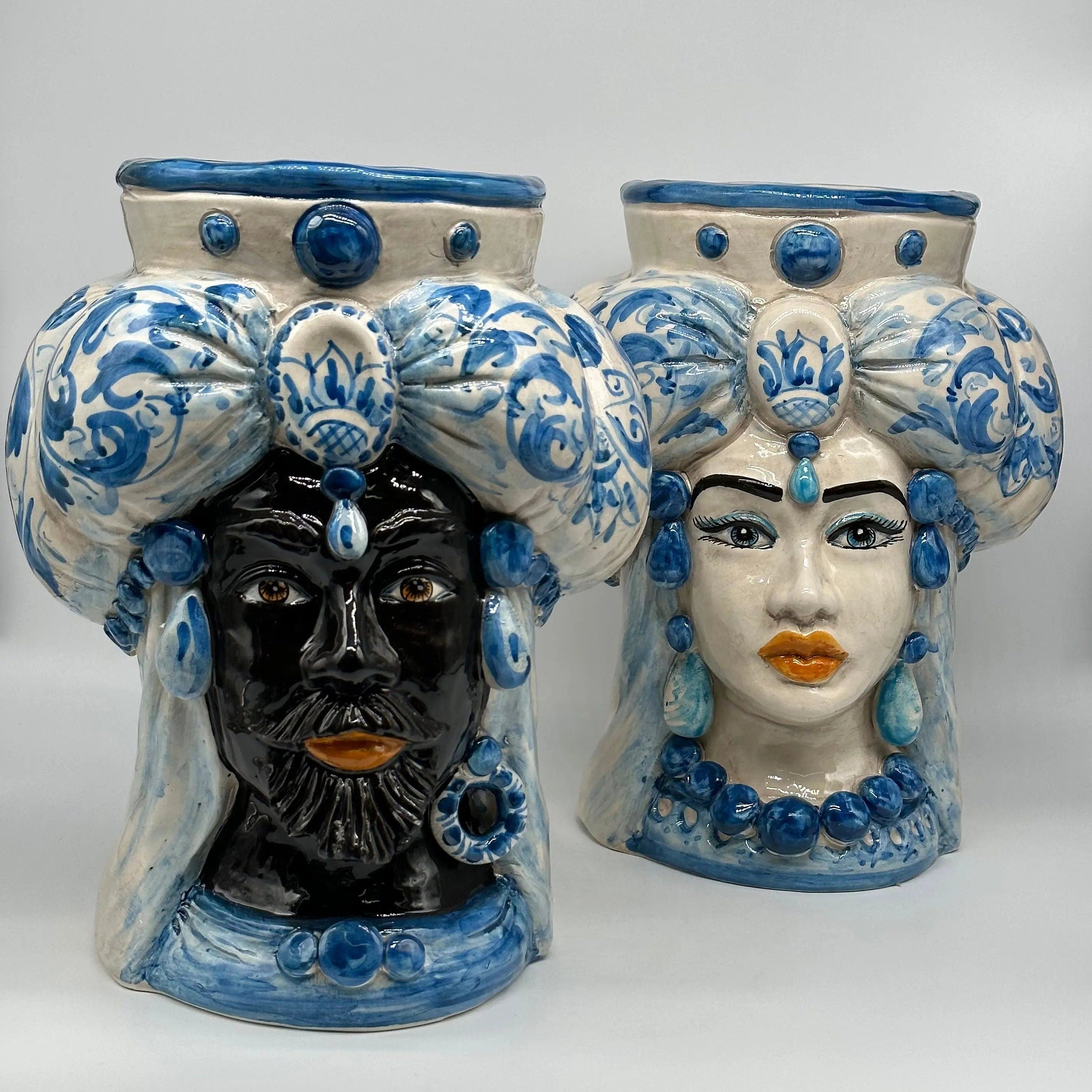 Teste di Moro Persia Ceramica Caltagirone cm H.30 L.22 Artigianale Decorazione Barocco Blu DD CERAMICHE SICILIANE