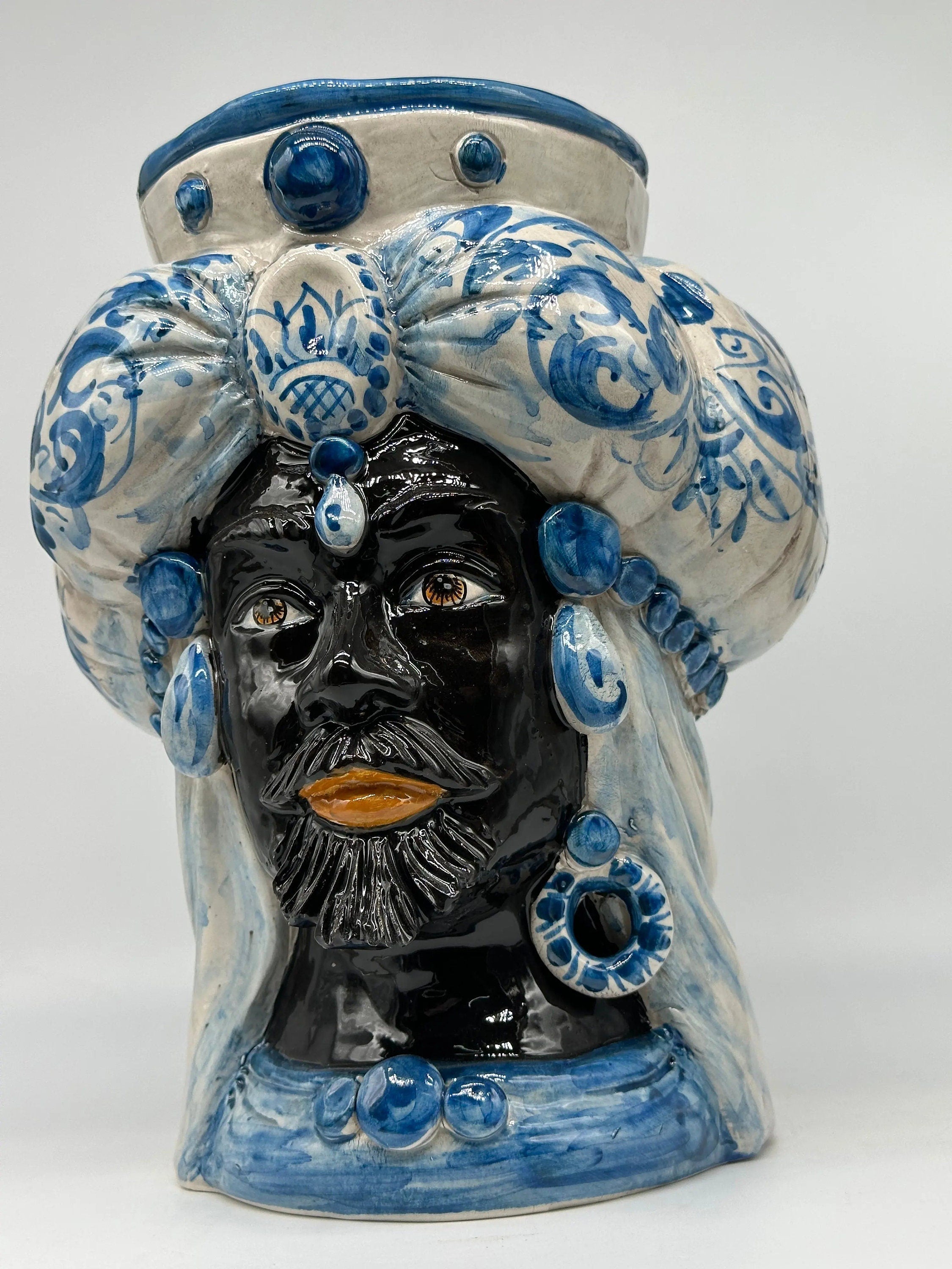 Teste di Moro Persia Ceramica Caltagirone cm H.30 L.22 Artigianale Decorazione Barocco Blu DD CERAMICHE SICILIANE