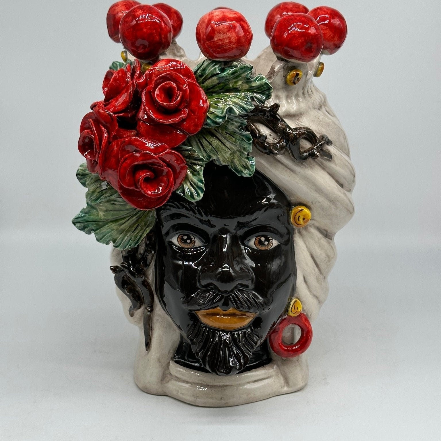 Teste di Moro Rose Rosse Ceramica Caltagirone cm H.30 L.23 Artigianale - DD CERAMICHE SICILIANE