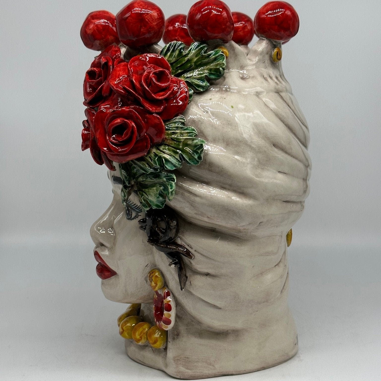 Teste di Moro Rose Rosse Ceramica Caltagirone cm H.30 L.23 Artigianale - DD CERAMICHE SICILIANE