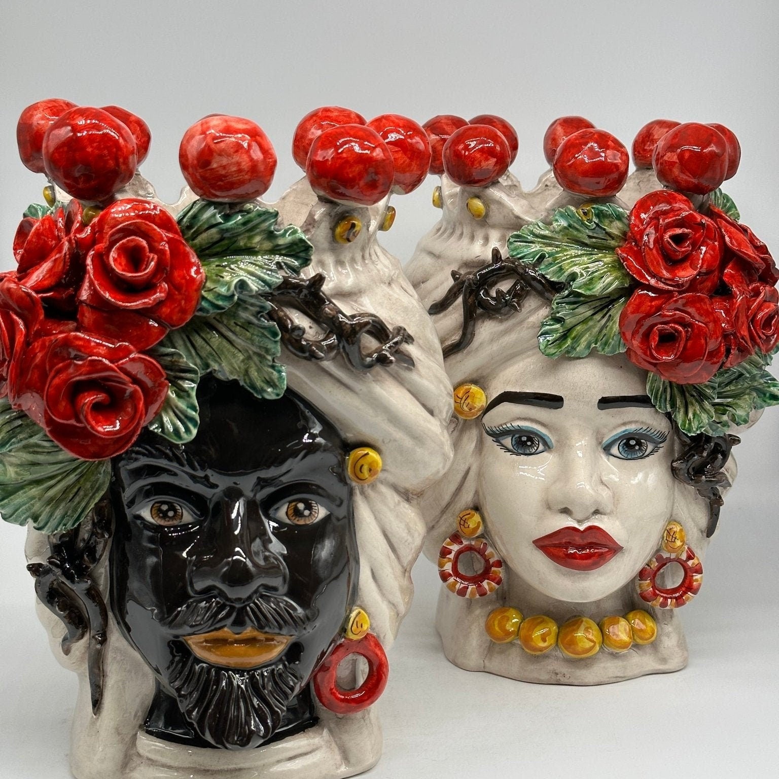 Teste di Moro Rose Rosse Ceramica Caltagirone cm H.30 L.23 Artigianale - DD CERAMICHE SICILIANE