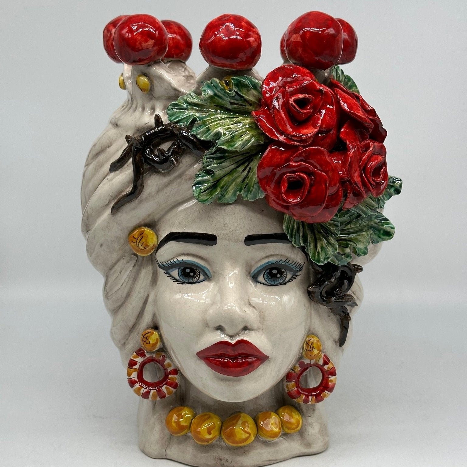 Teste di Moro Rose Rosse Ceramica Caltagirone cm H.30 L.23 Artigianale - DD CERAMICHE SICILIANE