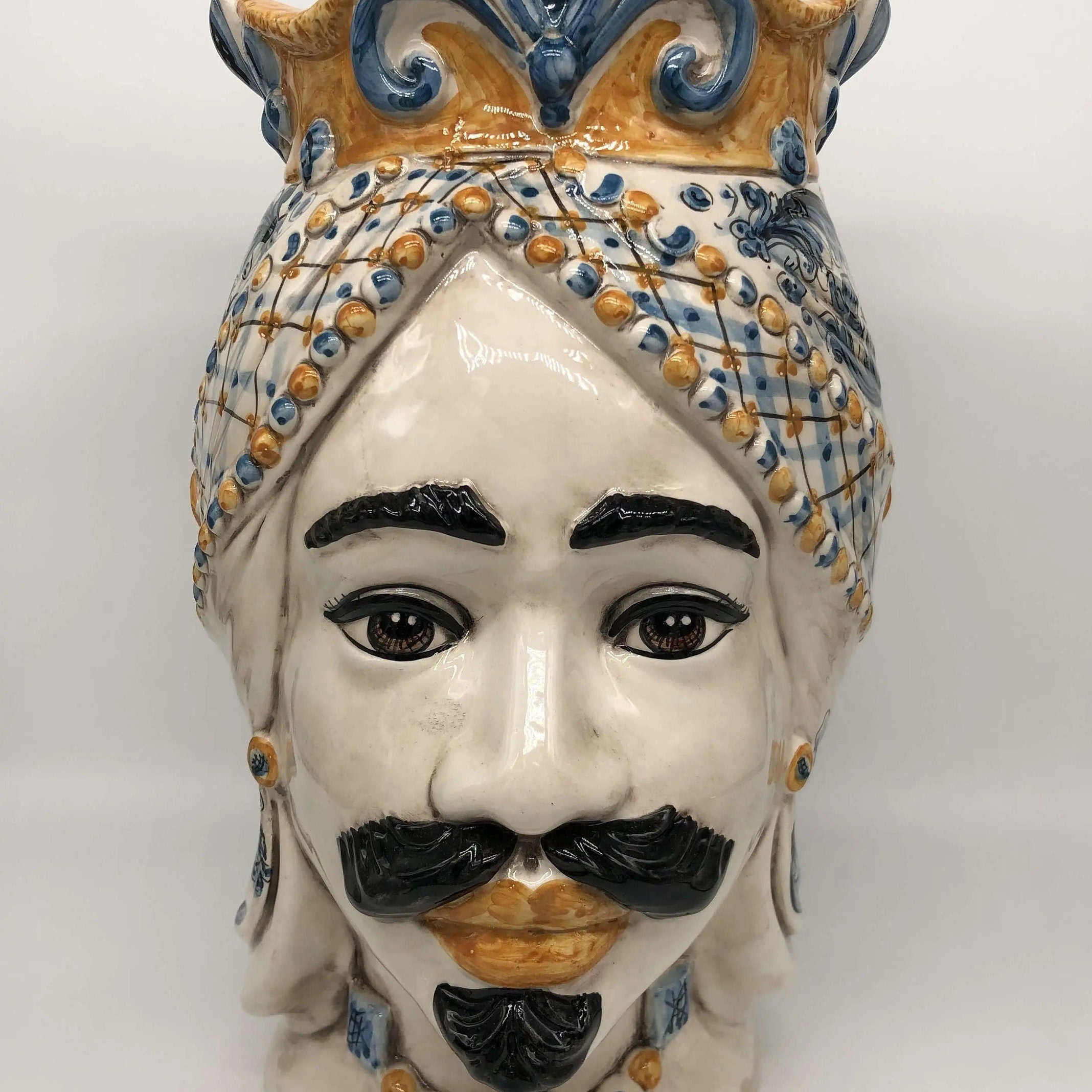 Teste di Moro Saturno Ceramica Caltagirone cm H.37 L.22 Artigianale Barocco Ocra Blu DD CERAMICHE SICILIANE