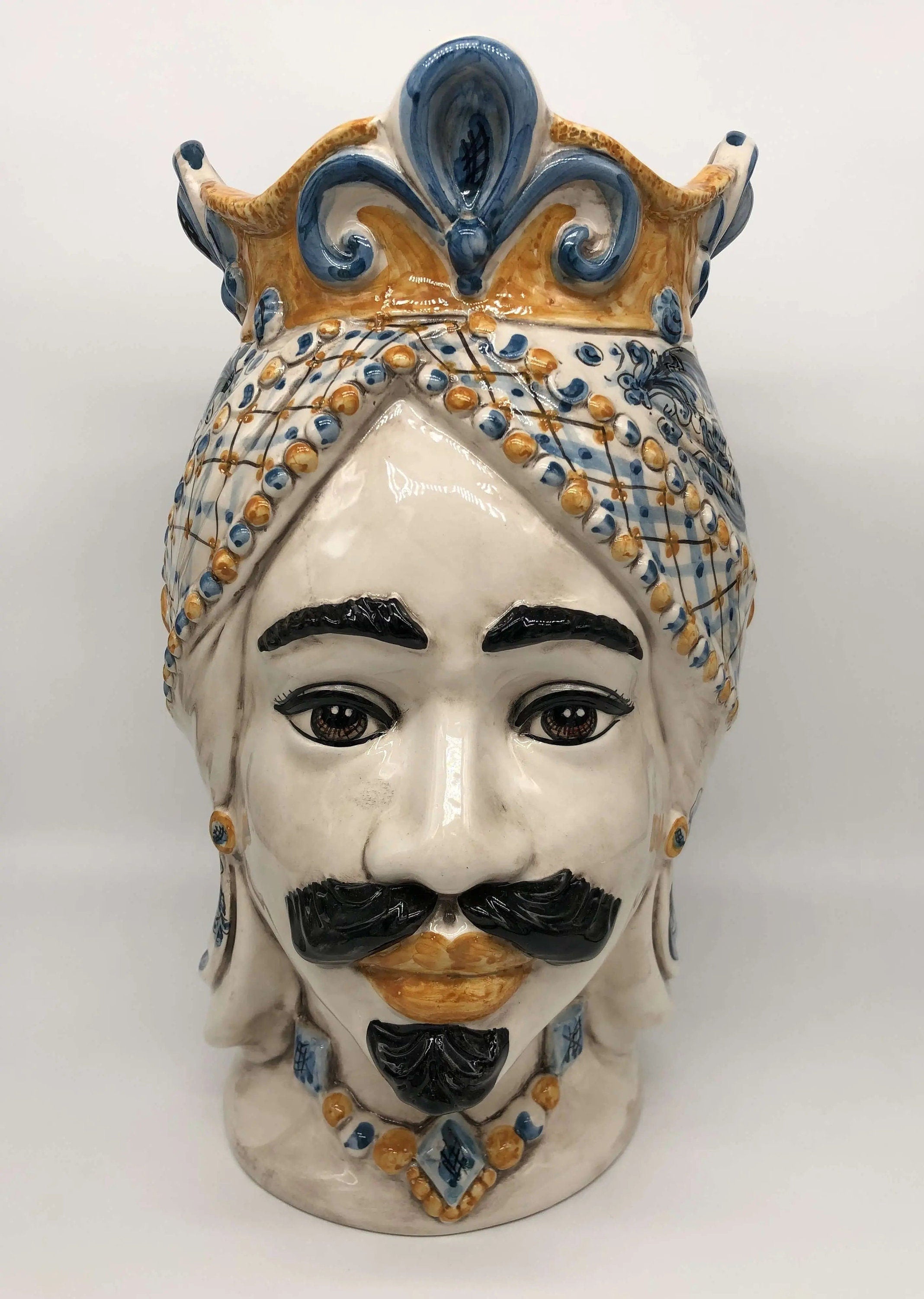 Teste di Moro Saturno Ceramica Caltagirone cm H.37 L.22 Artigianale Barocco Ocra Blu DD CERAMICHE SICILIANE