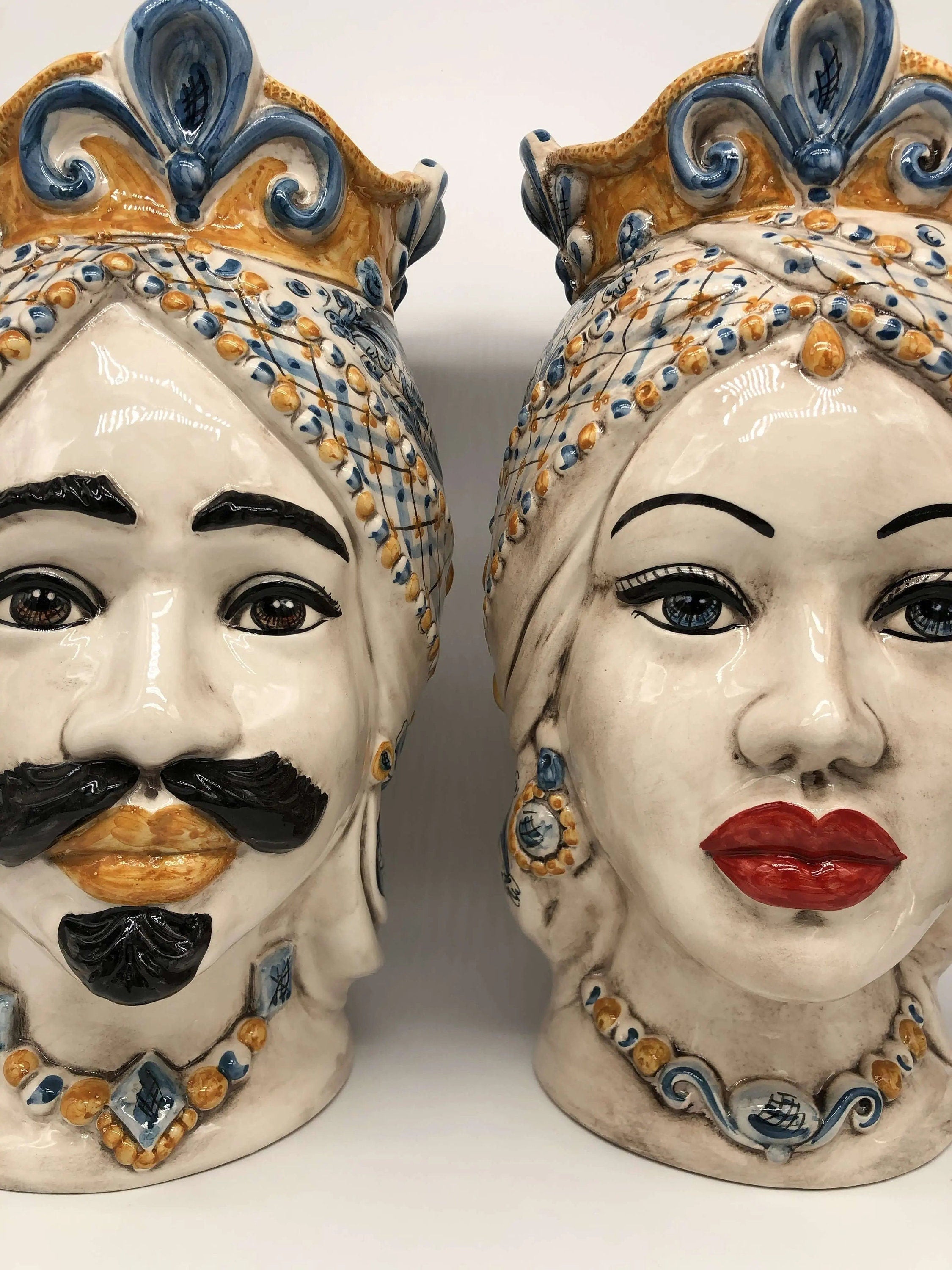 Teste di Moro Saturno Ceramica Caltagirone cm H.37 L.22 Artigianale Barocco Ocra Blu DD CERAMICHE SICILIANE