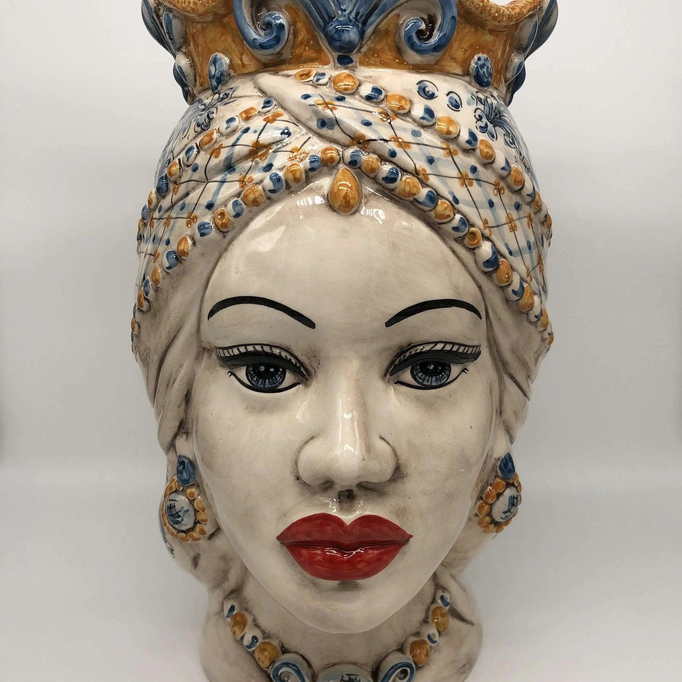 Teste di Moro Saturno Ceramica Caltagirone cm H.37 L.22 Artigianale Barocco Ocra Blu DD CERAMICHE SICILIANE