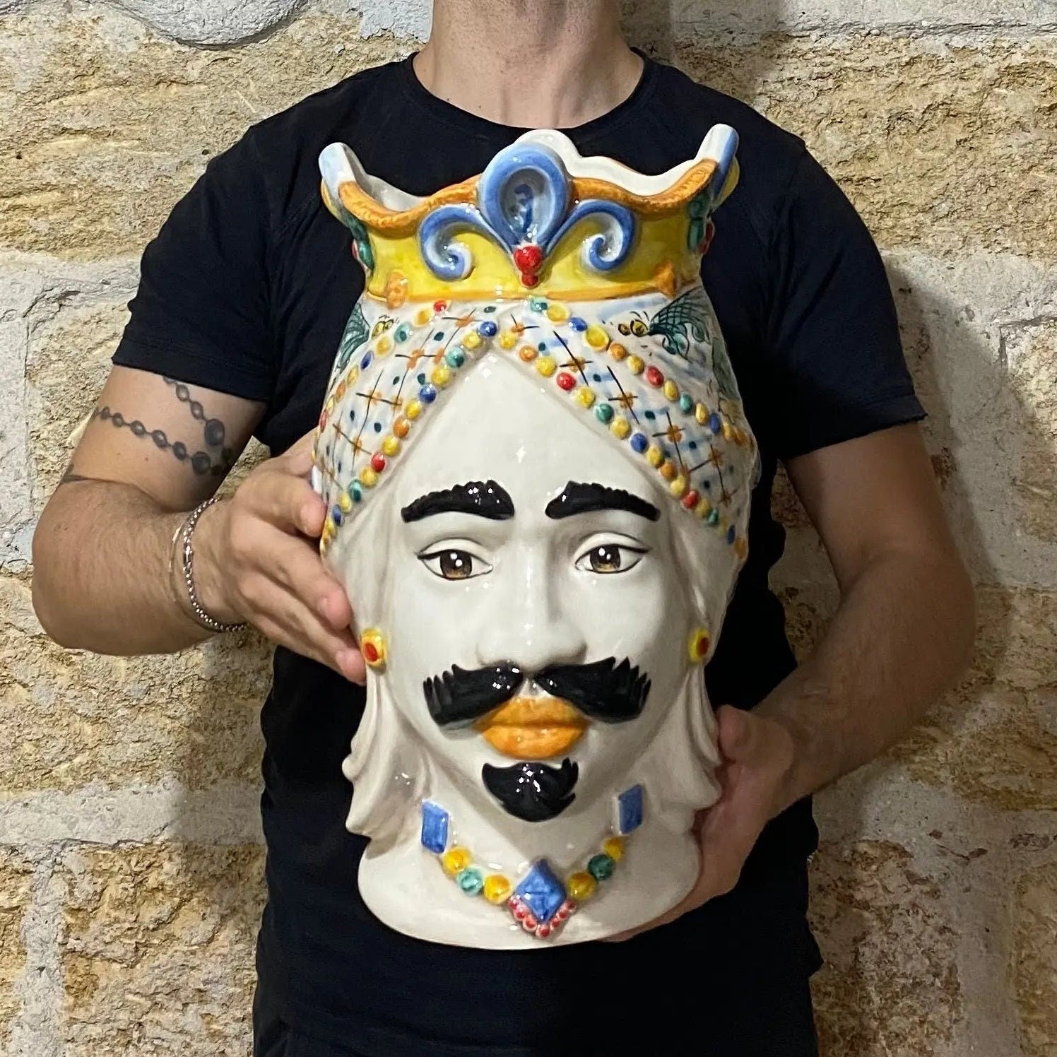 Teste di Moro Saturno Ceramica Caltagirone cm H.37 L.22 Artigianale Decoro Siciliano DD CERAMICHE SICILIANE