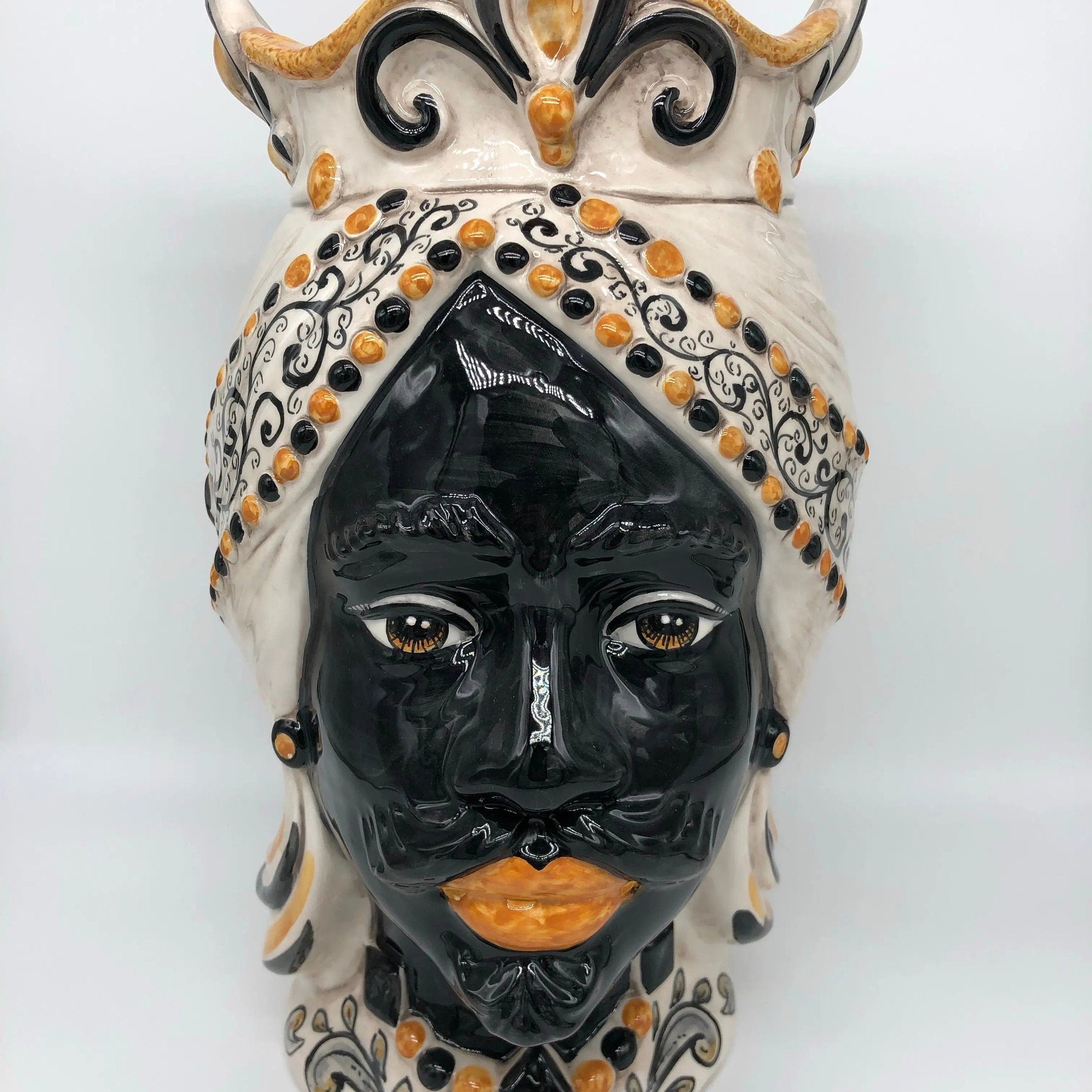 Teste di Moro Saturno Ceramica Caltagirone cm H.37 L.22 Artigianale Barocco Ocra Nero DD CERAMICHE SICILIANE