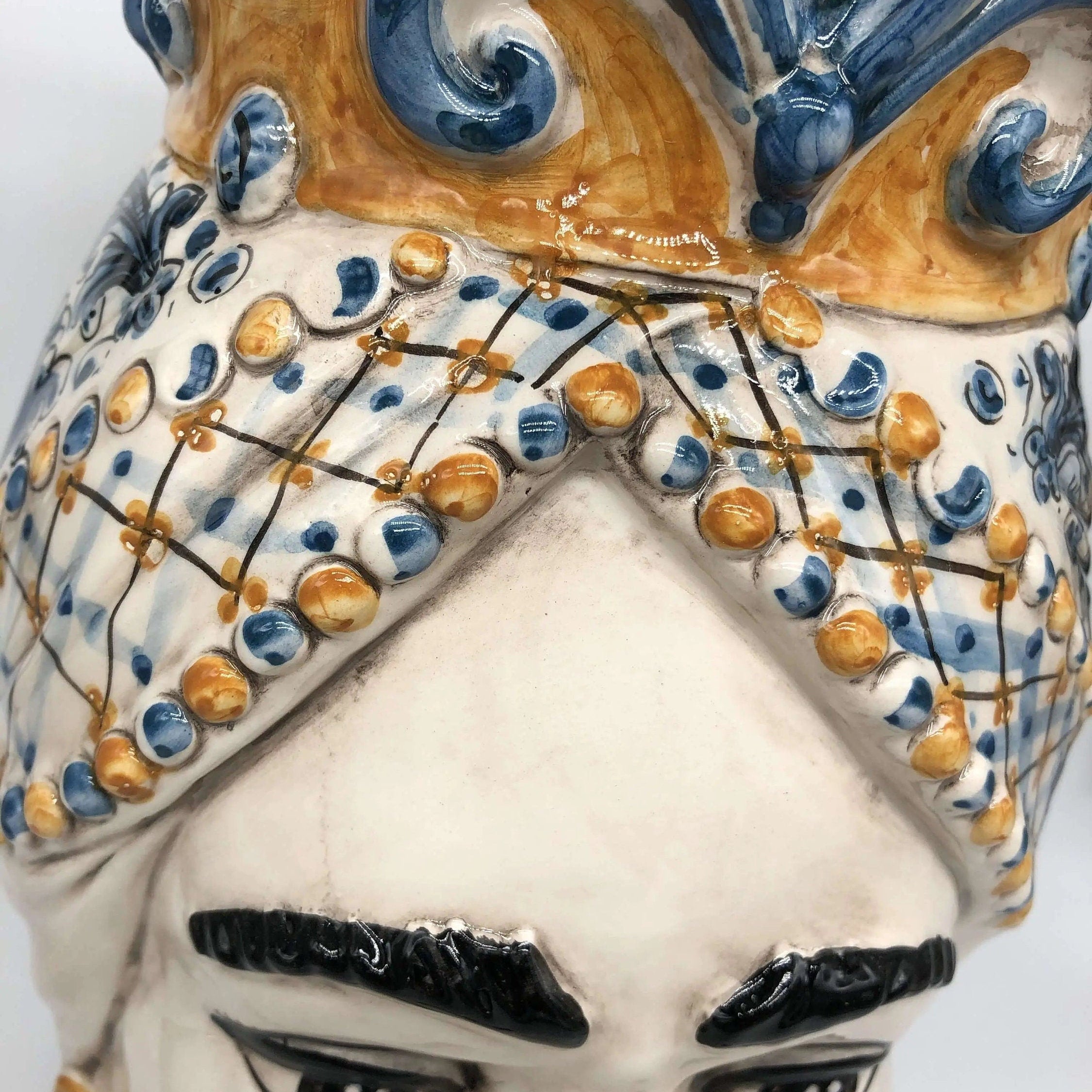 Teste di Moro Saturno Ceramica Caltagirone cm H.37 L.22 Artigianale Barocco Ocra Blu DD CERAMICHE SICILIANE