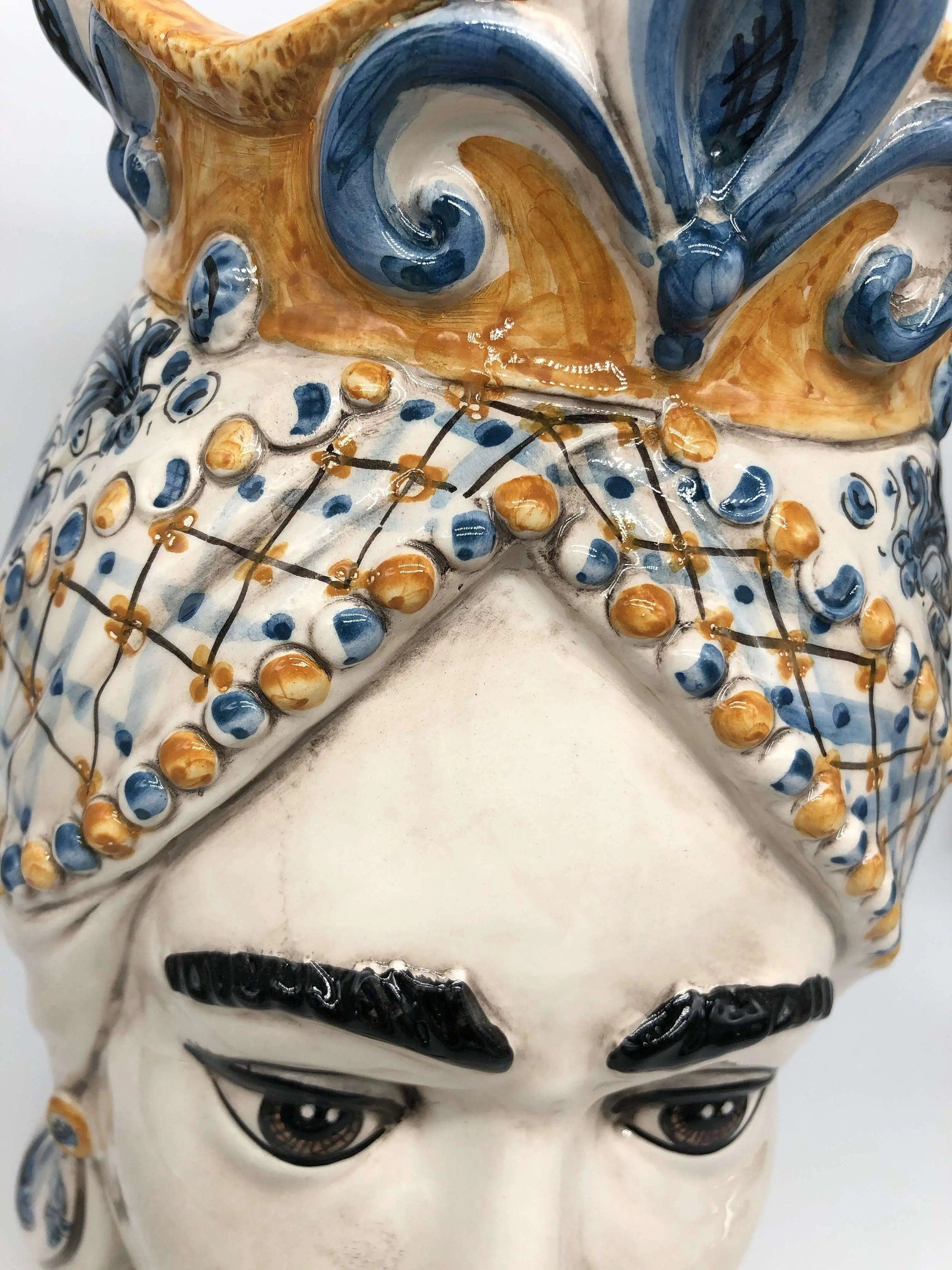 Teste di Moro Saturno Ceramica Caltagirone cm H.37 L.22 Artigianale Barocco Ocra Blu DD CERAMICHE SICILIANE
