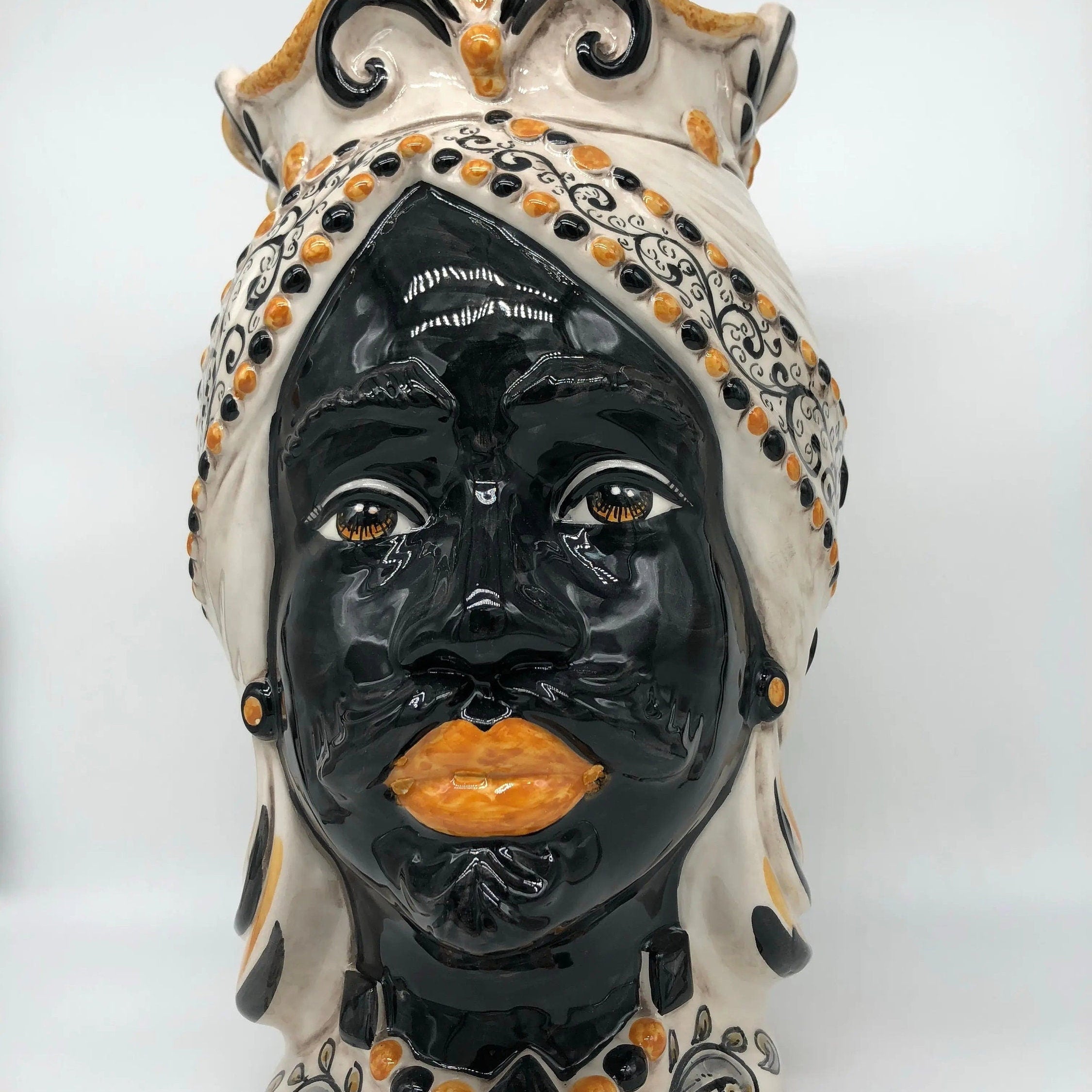 Teste di Moro Saturno Ceramica Caltagirone cm H.37 L.22 Artigianale Barocco Ocra Nero DD CERAMICHE SICILIANE