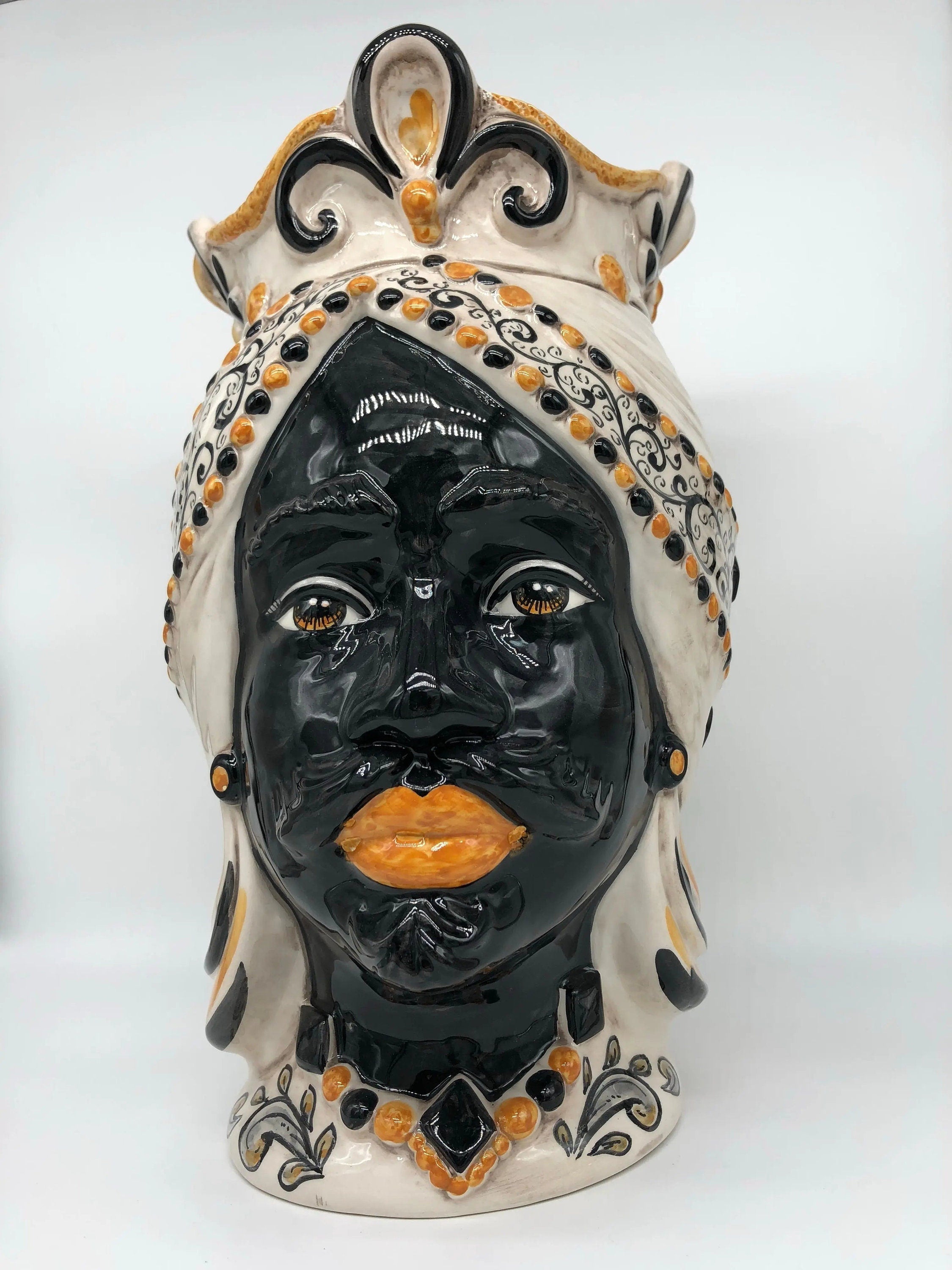Teste di Moro Saturno Ceramica Caltagirone cm H.37 L.22 Artigianale Barocco Ocra Nero DD CERAMICHE SICILIANE