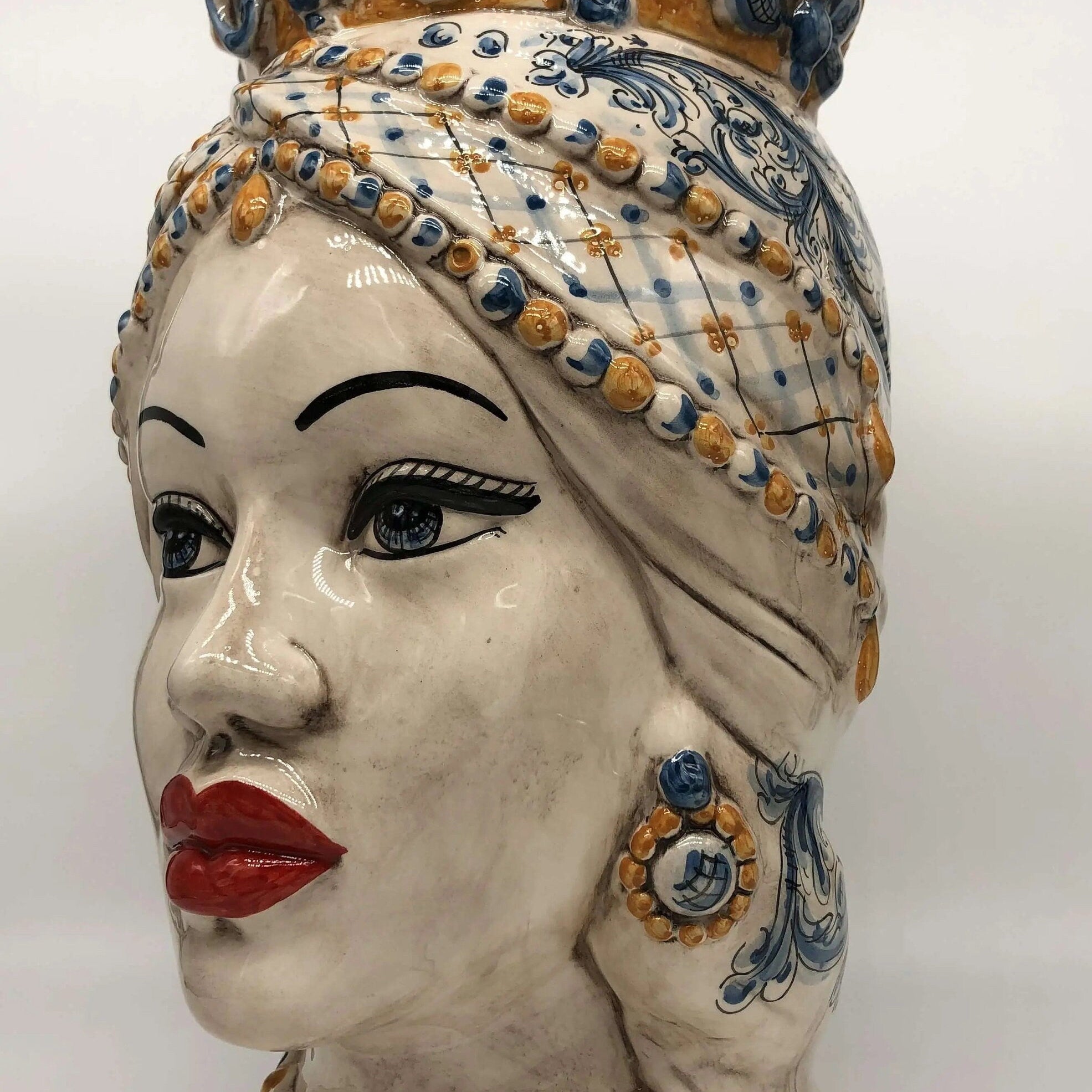Teste di Moro Saturno Ceramica Caltagirone cm H.37 L.22 Artigianale Barocco Ocra Blu DD CERAMICHE SICILIANE